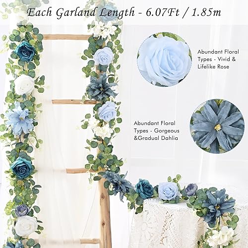 Miniatura 9 de Waipfaru 2 guirnaldas de flores artificiales de 6.07 pies, guirnalda de eucalipto con flores, guirnalda de rosas rosas rosas para bodas, caminos de