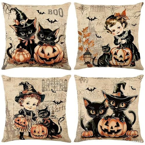 Vintage Halloween Throw Pillow Covers 18x18 inch Set of 4,