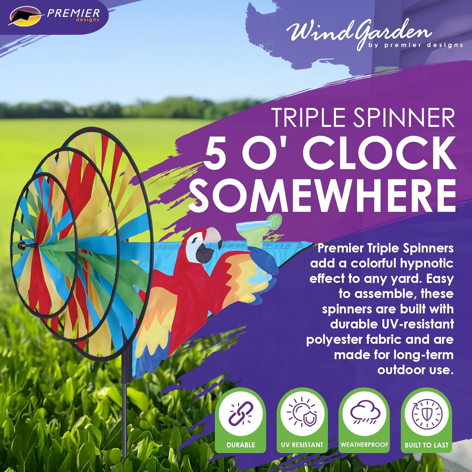 Premier Kites Triple Spinner 5 O’Clock Somewhere – Eye-Catching Parrot Garden Spinner with Colorful Triple Wheels, Durable Weather-Resistant Fabric, Easy Assembly, Fun Outdoor Décor for Patios & Lawns