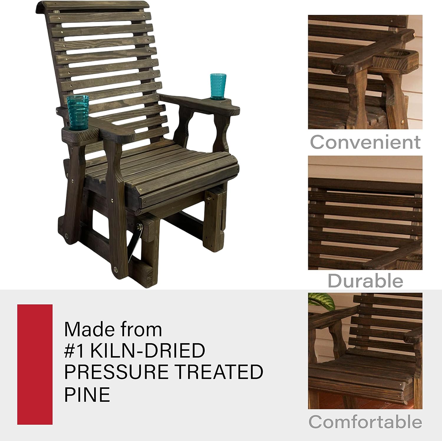Amish Casual Heavy Duty 600 Lb Roll Back High Back Treated Glider Chair with Cupholders (Dark Walnut Stain)