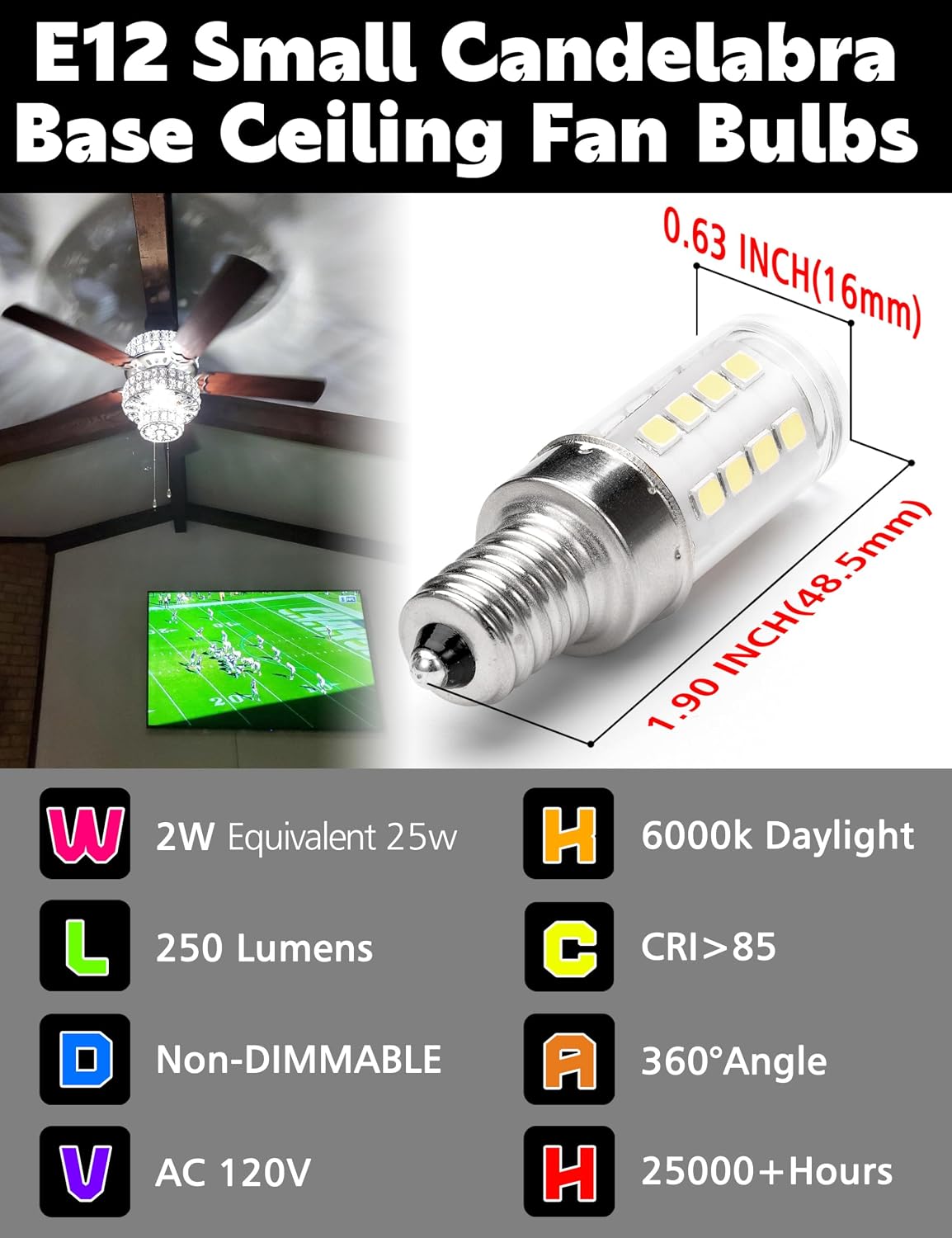 E12 2W C7 T6 LED Chandelier Bulbs 25W Equivalent, E12 Small Candelabra Base LED Bulbs, 120V 250lm 6000k White for Pendant Wall Sconces Dryer Fridge Salt Lamp, Non-Dimmable, 10Pack