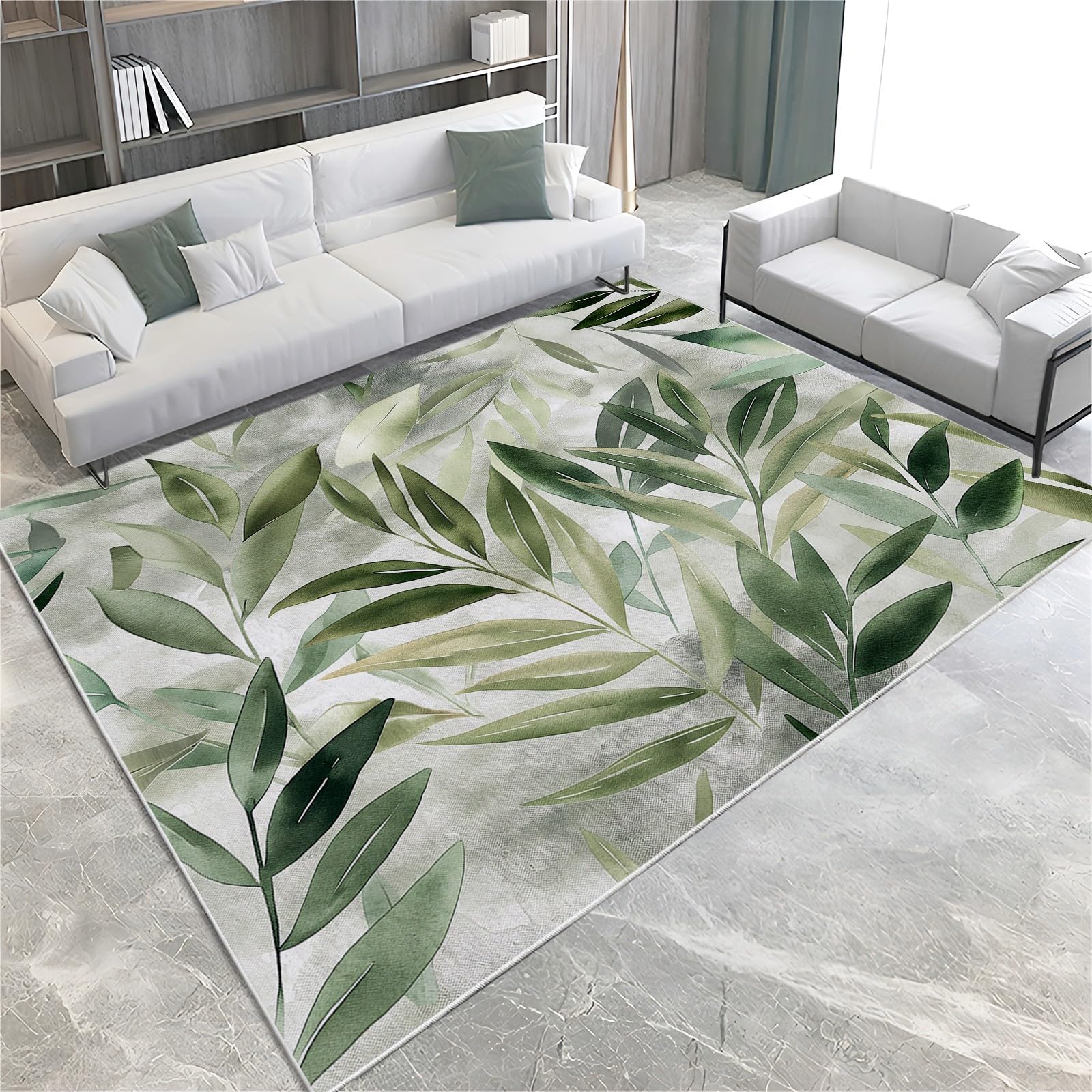 Generico Tappeto Salotto Moderno 120x180cm Giungla Foglie Verde Salvia Tappeti Camera da Letto Lavabile, Tappeto Soggiorno Pelo Corto Moderni Morbido Antiscivolo Tappeto Decor Interno