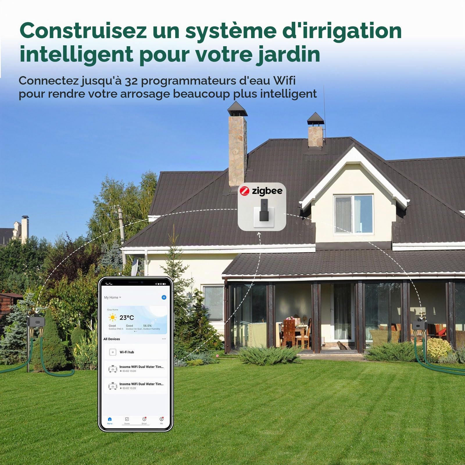 Haozee Minuteur d'eau intelligent WiFi - 2 zones - Minuterie d'arrosage WiFi - Minuteur intelligent pour l'eau - Système d'arrosage automatique de jardin