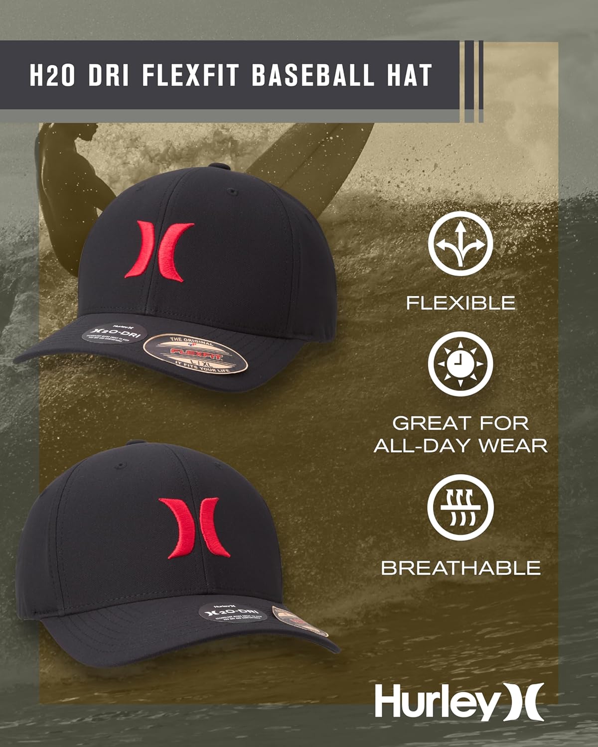 Hurley Mens Baseball Cap - Moisture Wicking Curved Brim Flexfit Fitted Hats for Men with H2O-Dri Sweatband (Sizes: S-XL) - Image 2