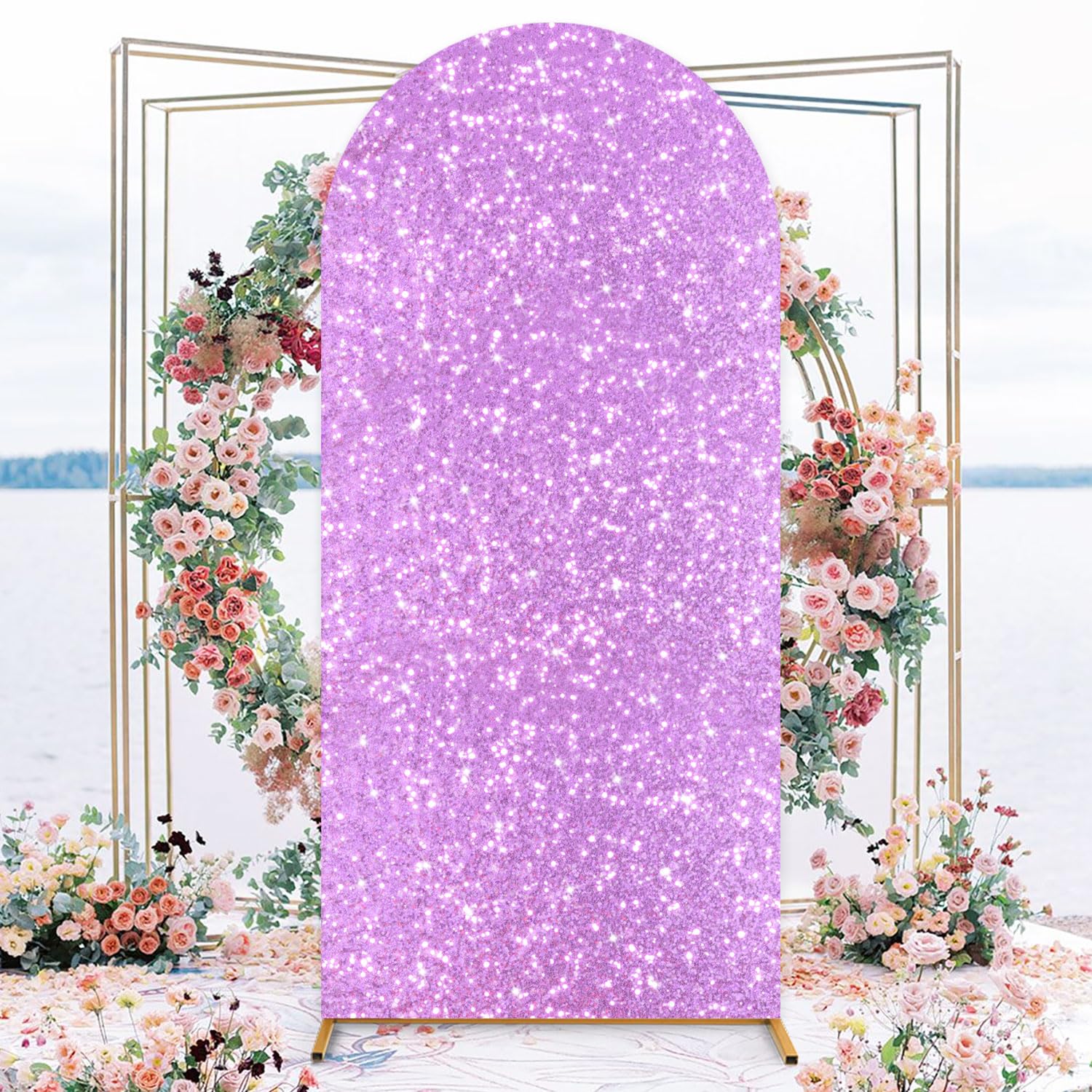 PATYDEST Spandex Wedding Arch Cover 6.6FT Shimmer Light Purple Cover for Arch Lilac Sequin Arch Backdrop Cover Round Top Chiara Backdrop Arched Wall Covers for Baby Shower Birthday Party Reception
