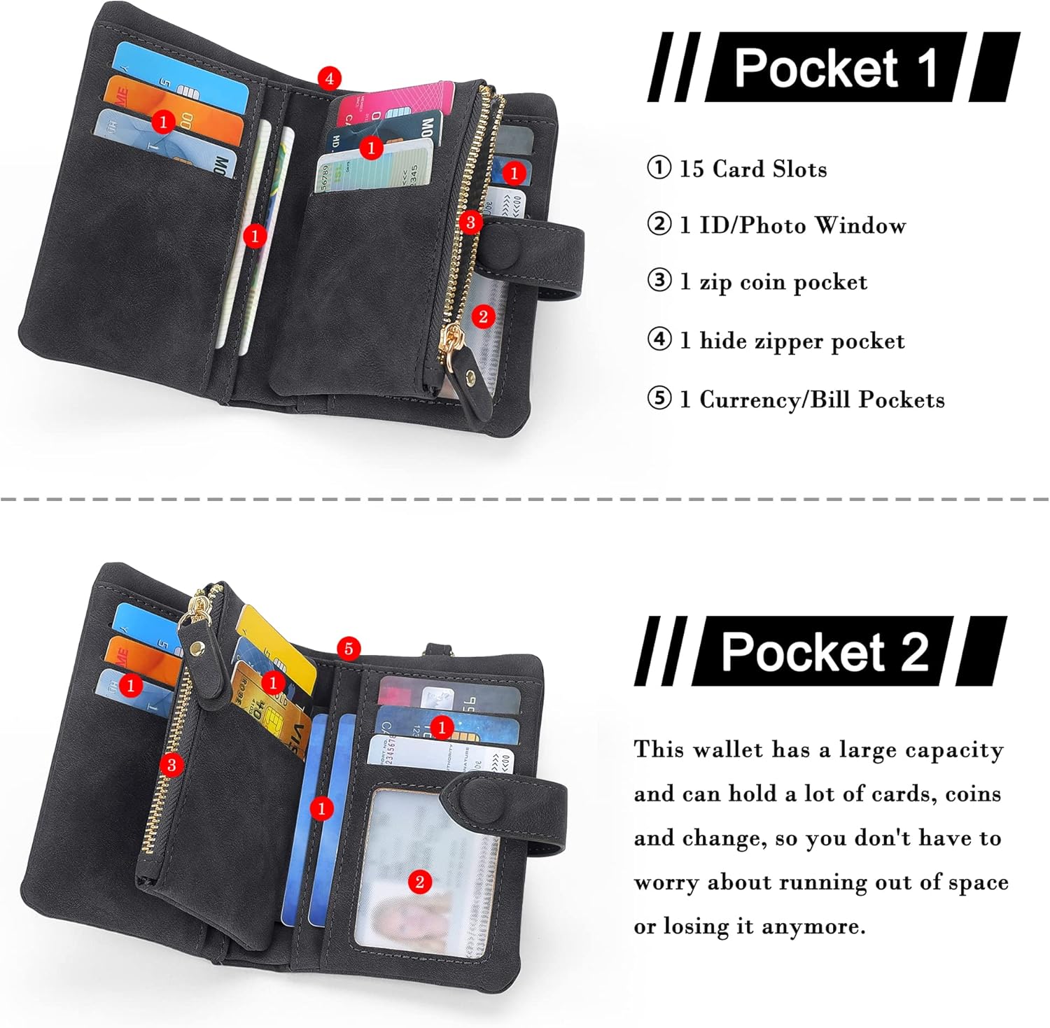RFID Wallets for Women, Large Capacity Faux Suede Leather Small Womens Wallet with Wristlet (Black) - Image 3