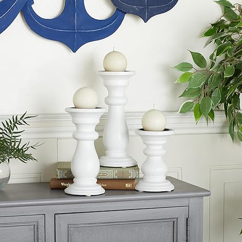 Miniatura 2 de Deco 79 Mango - Portavelas de pilar de madera torneada, juego de 3 10 pulgadas, 8 pulgadas, 6 pulgadas de alto, blanco