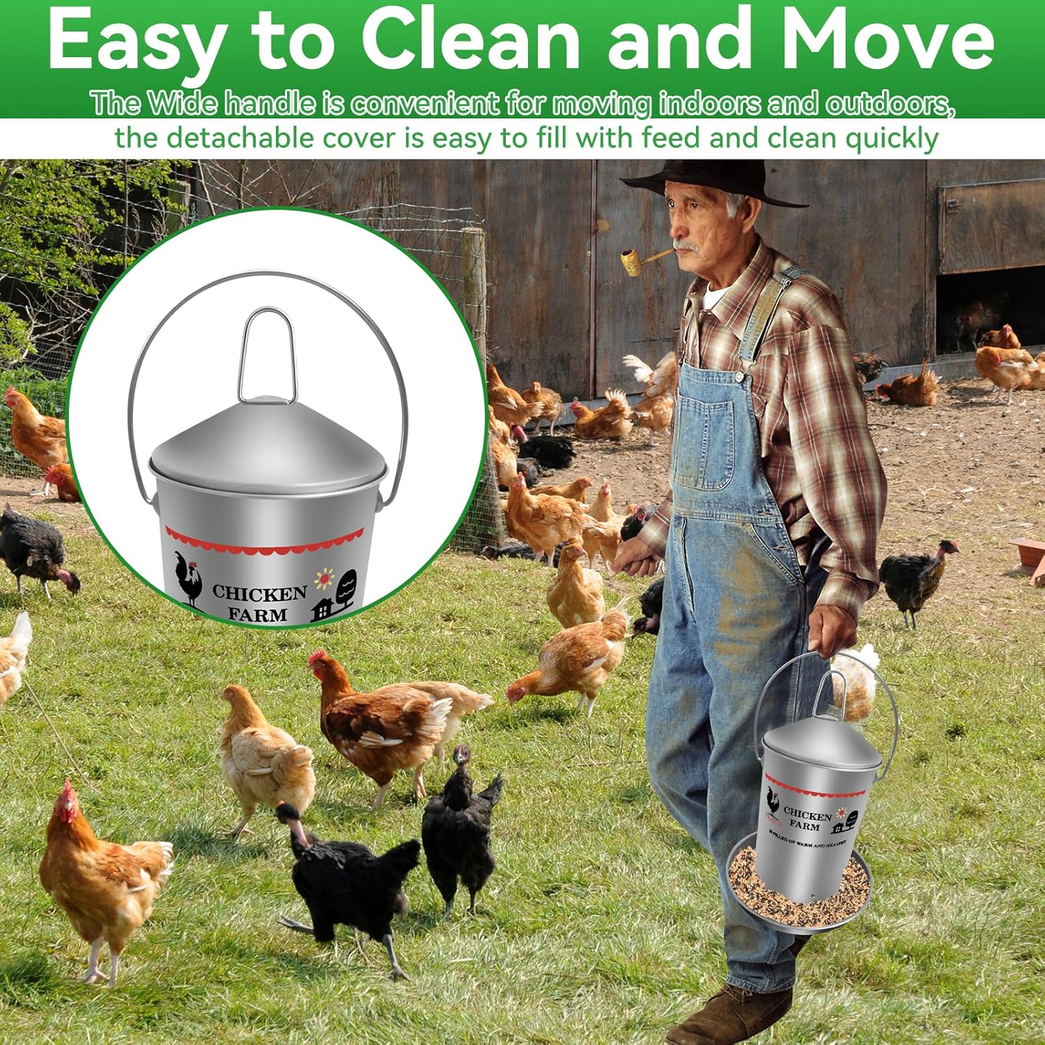 6.6 Lb Stainless Steel Poultry Feeder, Automatic Chicken Feeder No Waste, Hanging Chicken Feeder Heavy Duty Reliable Long-Lasting with Handle, Top Filled