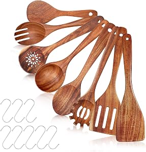 Set de 8 ustensile de gătit UBERMing din lemn de acacia, lingură pentru supă, servire salată, paste, orez, spumieră, cu cârlige în formă de S, durabil, antibacterian