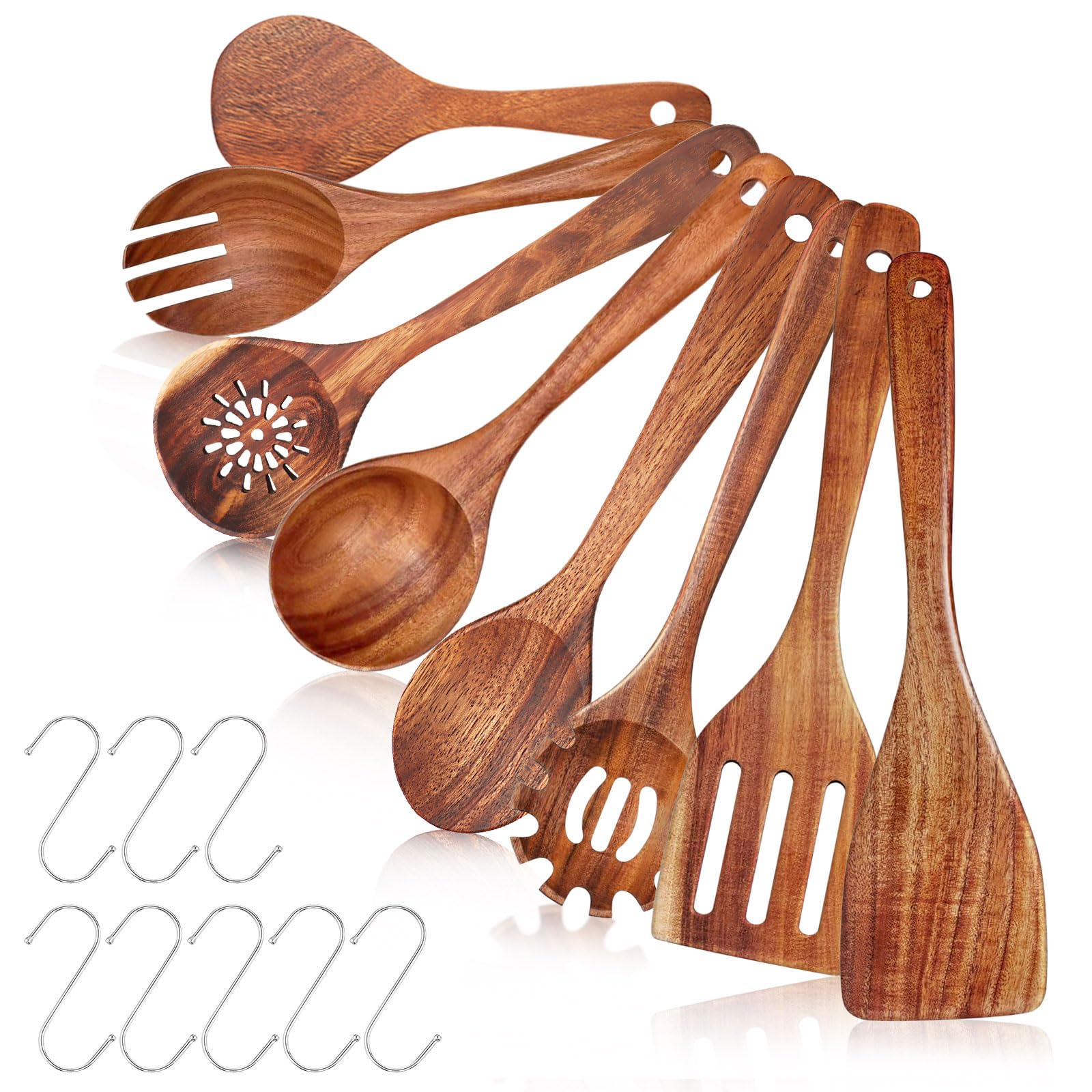 8 Piezas Juego de Utensilios de Cocina de Madera de Acacia con Espátula | Cucharón Cubiertos para Ensalada Cucharón para Pasta Cuchara para Arroz y 8 Ganchos en S, Resistente y Antiadherentes