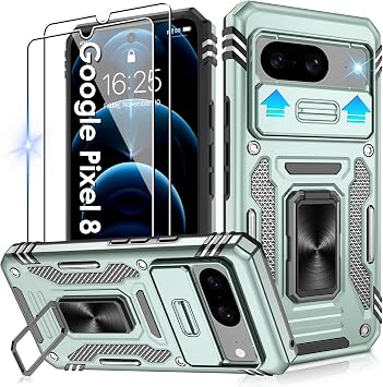 Jshru for Google Pixel 8 Case with Screen Protector [2 Pack] and Slide Camera Cover,Military Grade Shockproof,Armour Phone Cover with Ring Kickstand for Pixel 8,Alpine Green