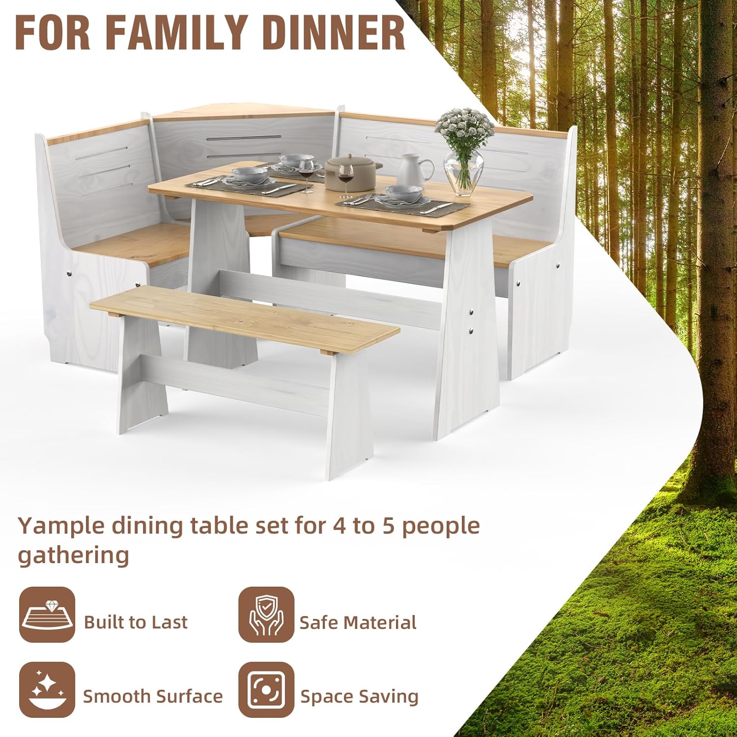 Breakfast Nook Table Set L Shaped Corner Solid Wood Kitchen Dining Table with White Bench Space Saving Seats 4-6 for Apartment White Style Set