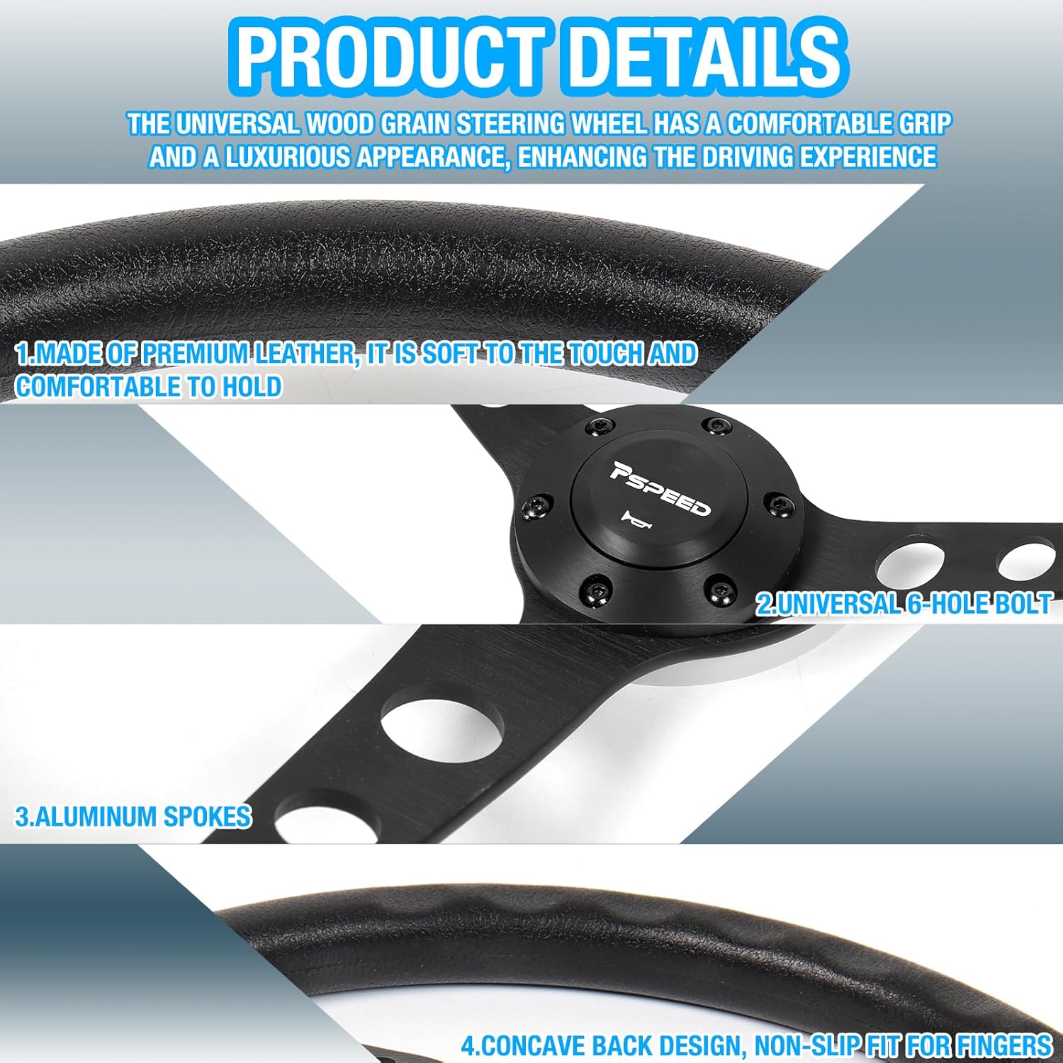 15 Inch Steering Wheel,3 Spoke 6-Bolt Black Aluminum Alloy Spokes,PU Grip,53mm Deep Dish Design with Black Horn Button,for Classic Car, for Cars,for Racing 15 in Classic Steering Wheel