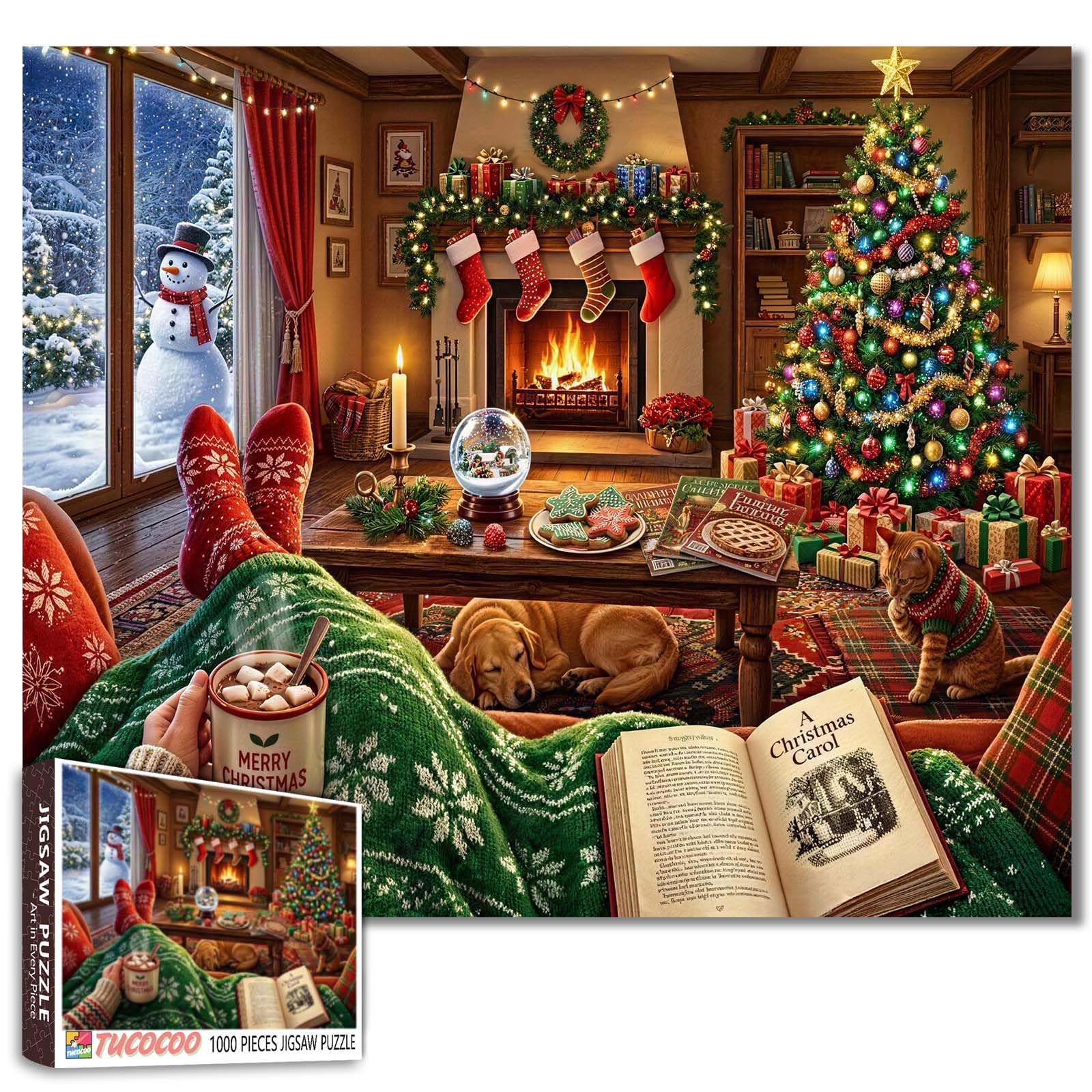 Christmas Living Room Reading A Christmas Carol Jigsaw Puzzles for Adults 1000 Pieces Dog and Festive Cat Fireplace Snowman Family Activity Games 19.7 x 27.6 Inch โ image 1