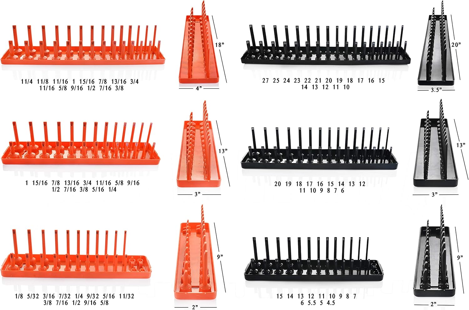 Oldman 6 Piece Socket Organizer Tray and 12 Tool Wrench Holder Set Space Saving Metric Tool Organization, Heavy Duty Dual Rail System 1/4" Drive, 3/8" Drive, and 1/2" Drive Holder For mechanics