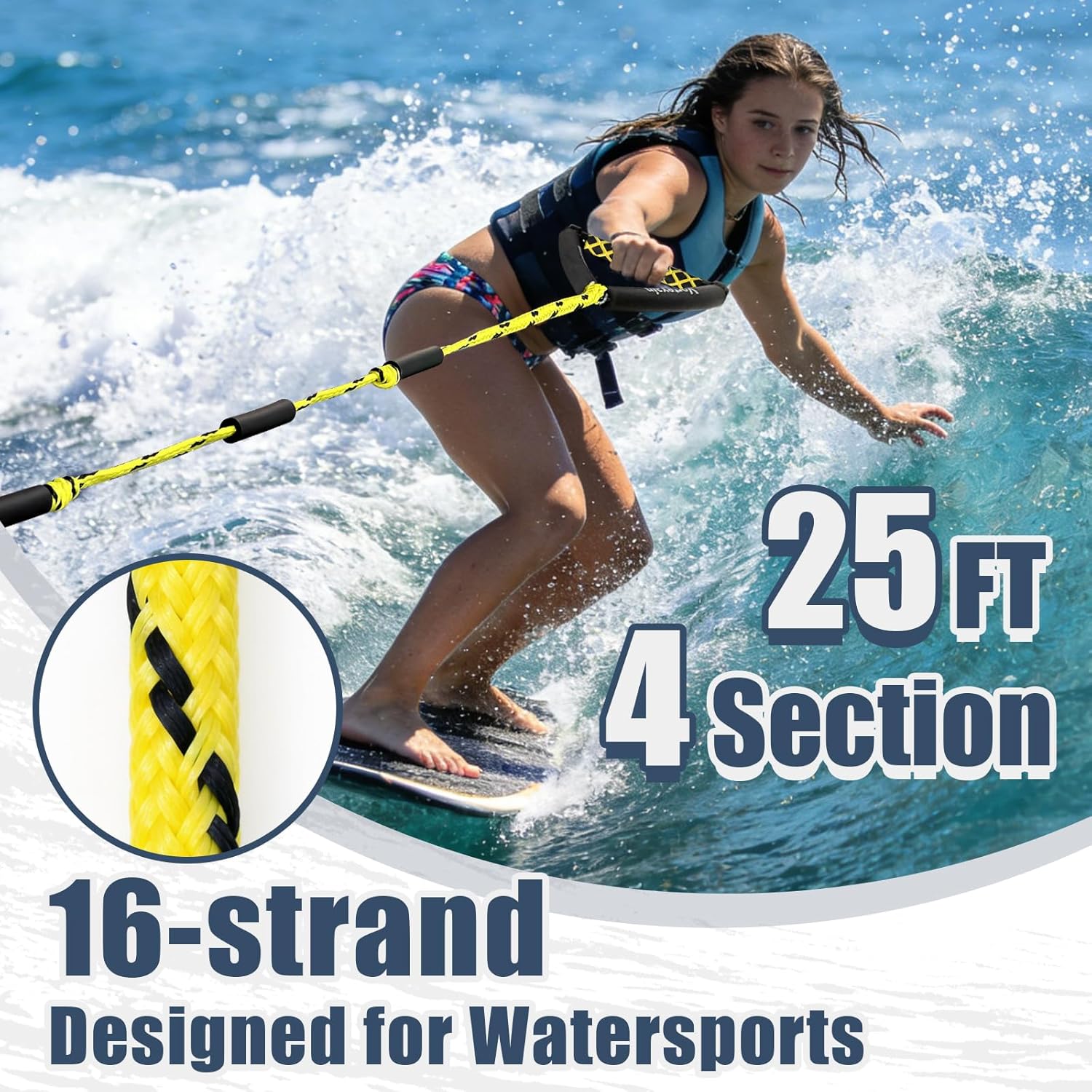 Wakesurf Rope with Handle, 25ft Lines for Wakeboarding Waterskiing and Wakesurfing