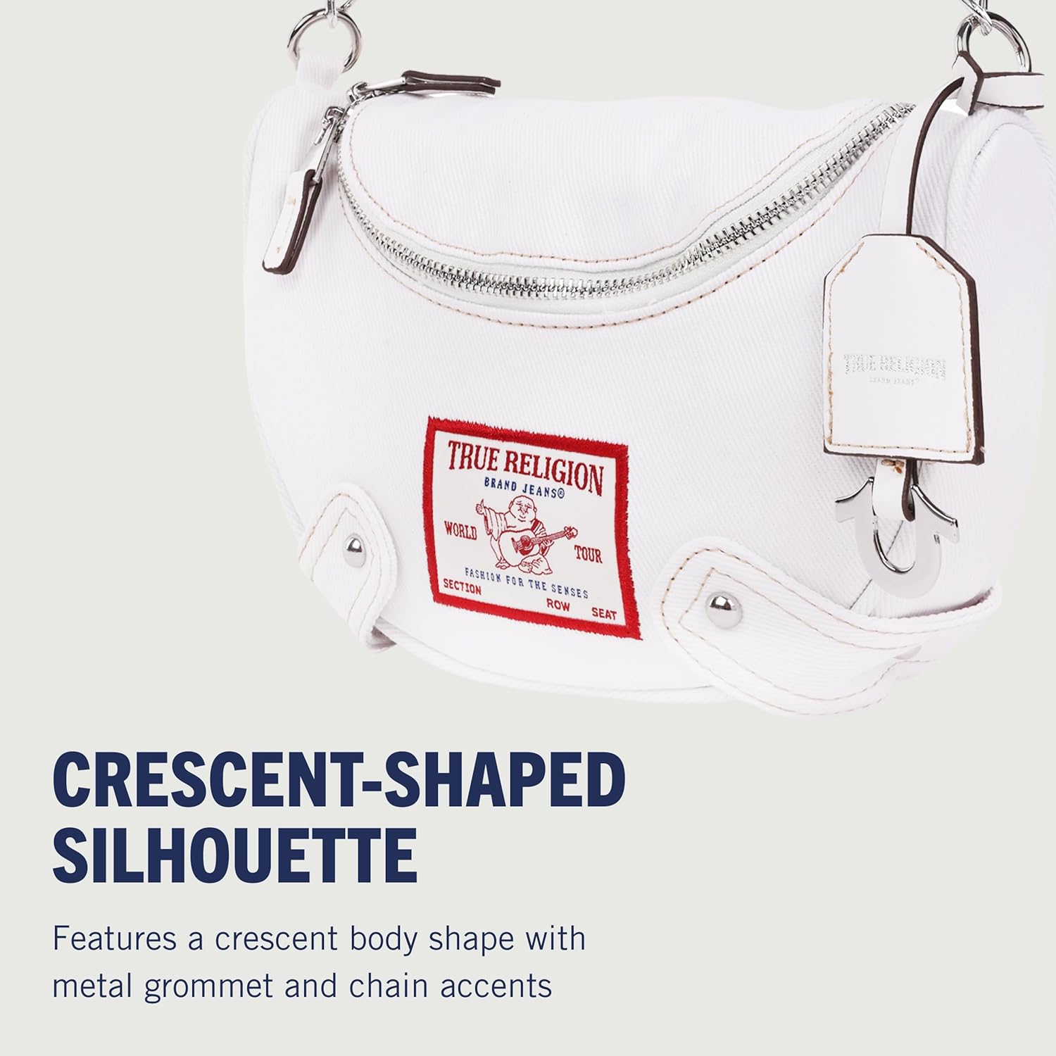 True Religion Hobo Bag, Women's Shoulder Handbag with Grommet Chain Strap, White - Image 3