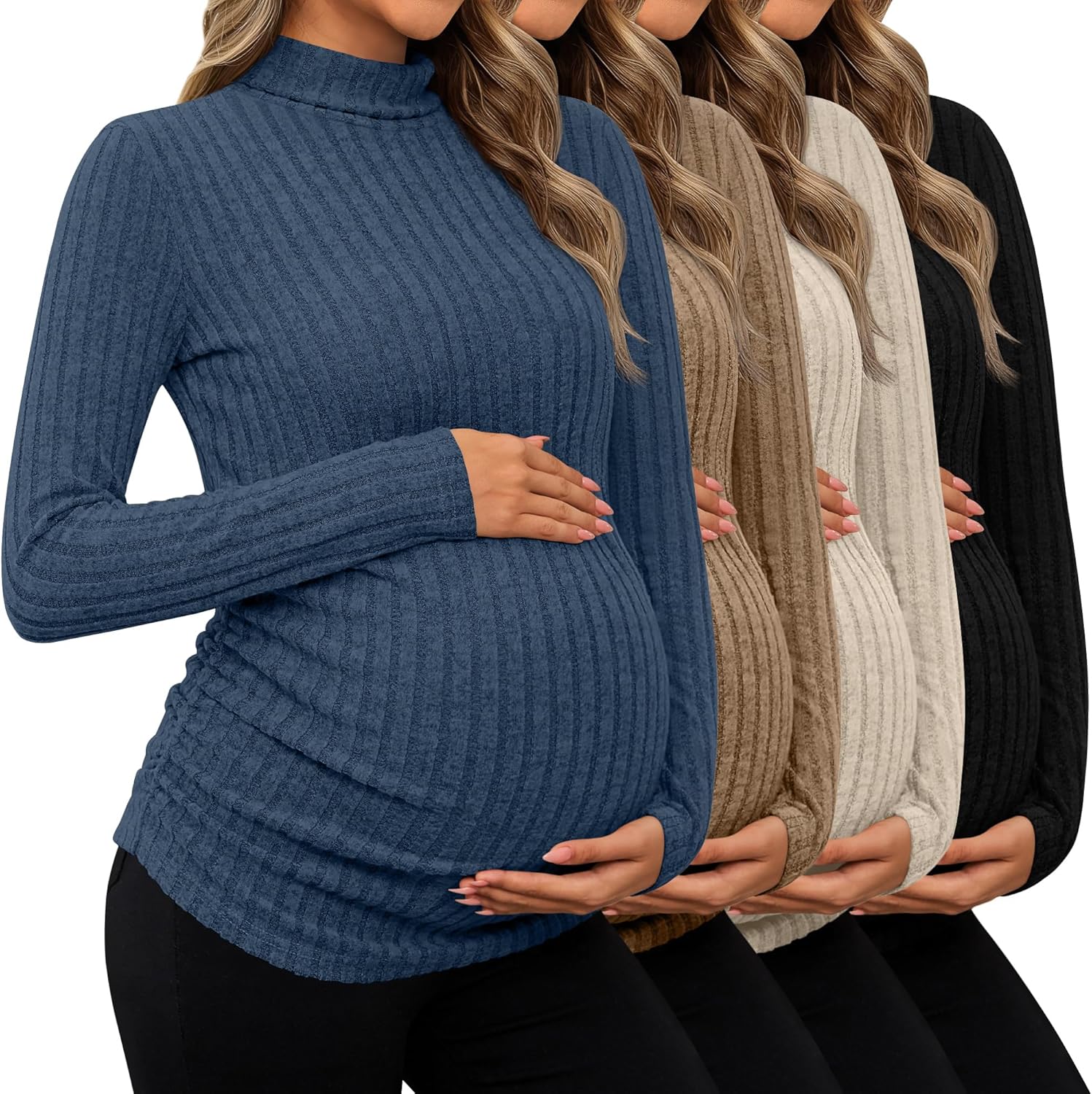 Huukeay 4 Pack Women's Maternity T-Shirts, Long Sleeve Mock Turtleneck Ribbed Pregnancy Top Sweaters Side Ruched Mama Clothes
