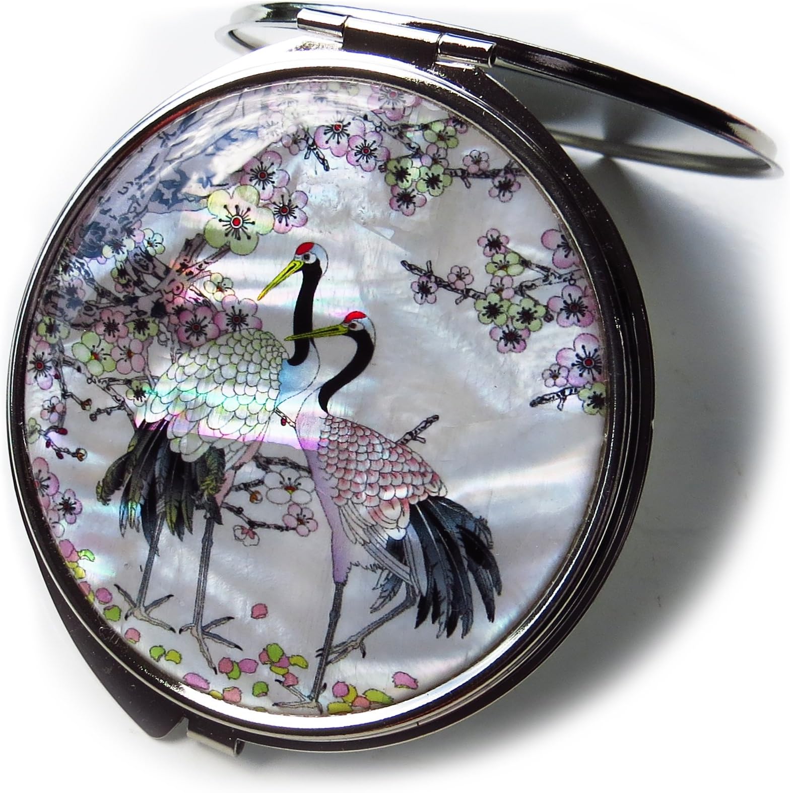 MADDesign Mother of Pearl Compact Mirror Round Double Sided Folding Magnify Crane Apricot Tree Design