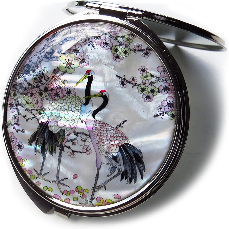 Compact Mirror Cranes Apricot Tree White | Portable double sided round mirror magnification 2.5x and standard