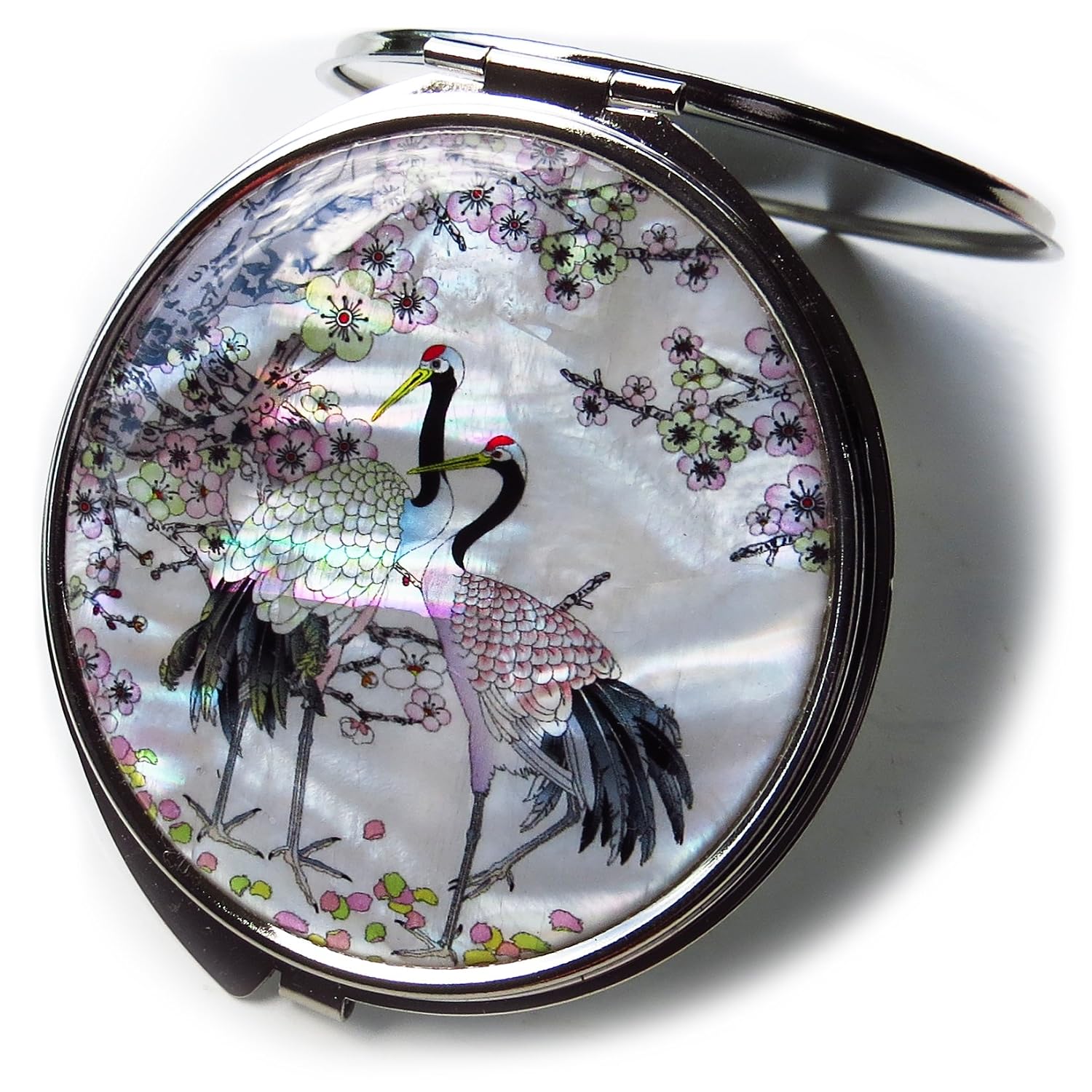 MADDesign Mother of Pearl Compact Mirror Round Double Sided Folding Magnify Crane Design