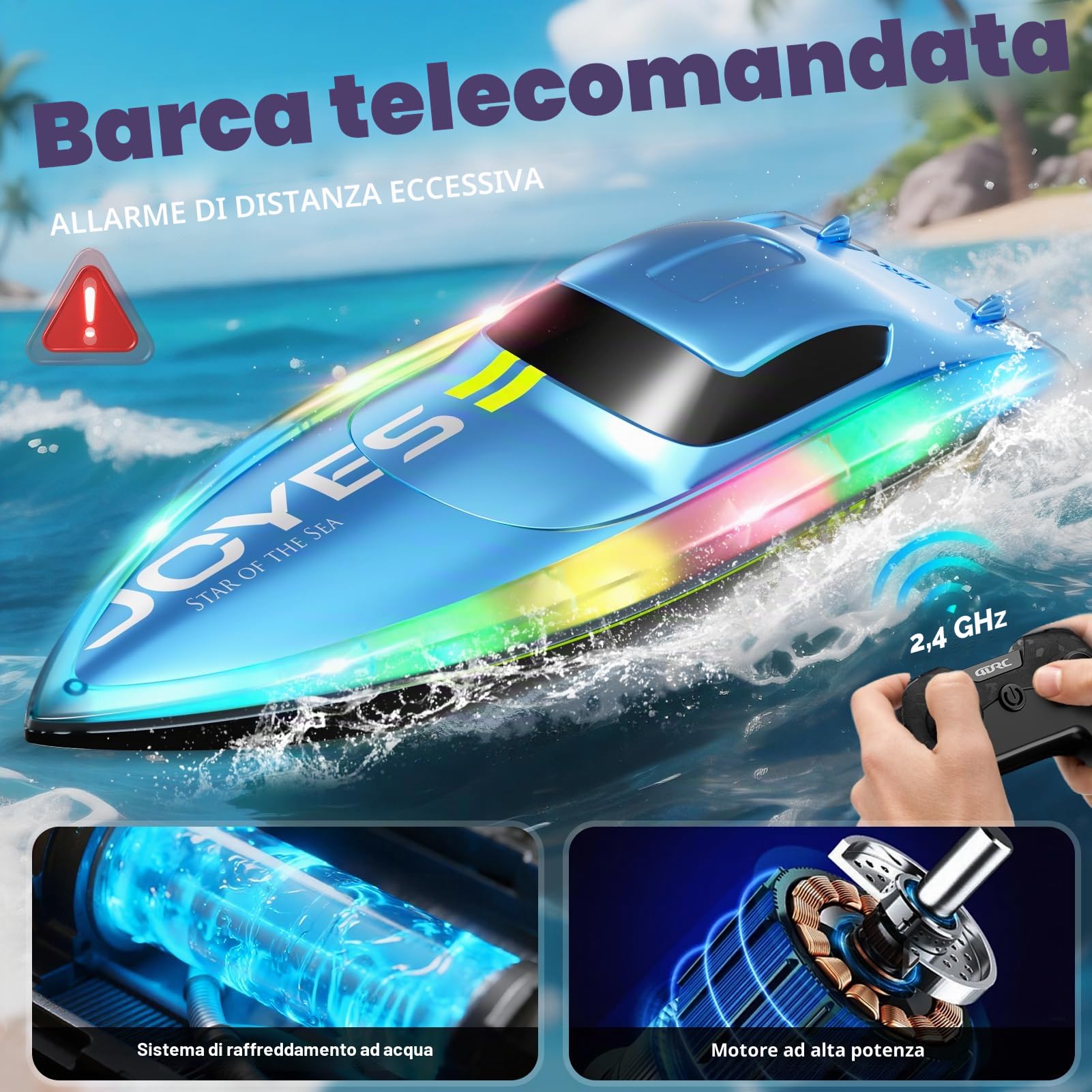 4DRC S7 Barca RC con luce LED, 50+ minuti, auto diritto remoto barca per piscine e laghi, 15+ MPH, 2.4GHz barche da corsa, 2 batterie, giocattoli da piscina per bambini, moto d'acqua radiocomandata