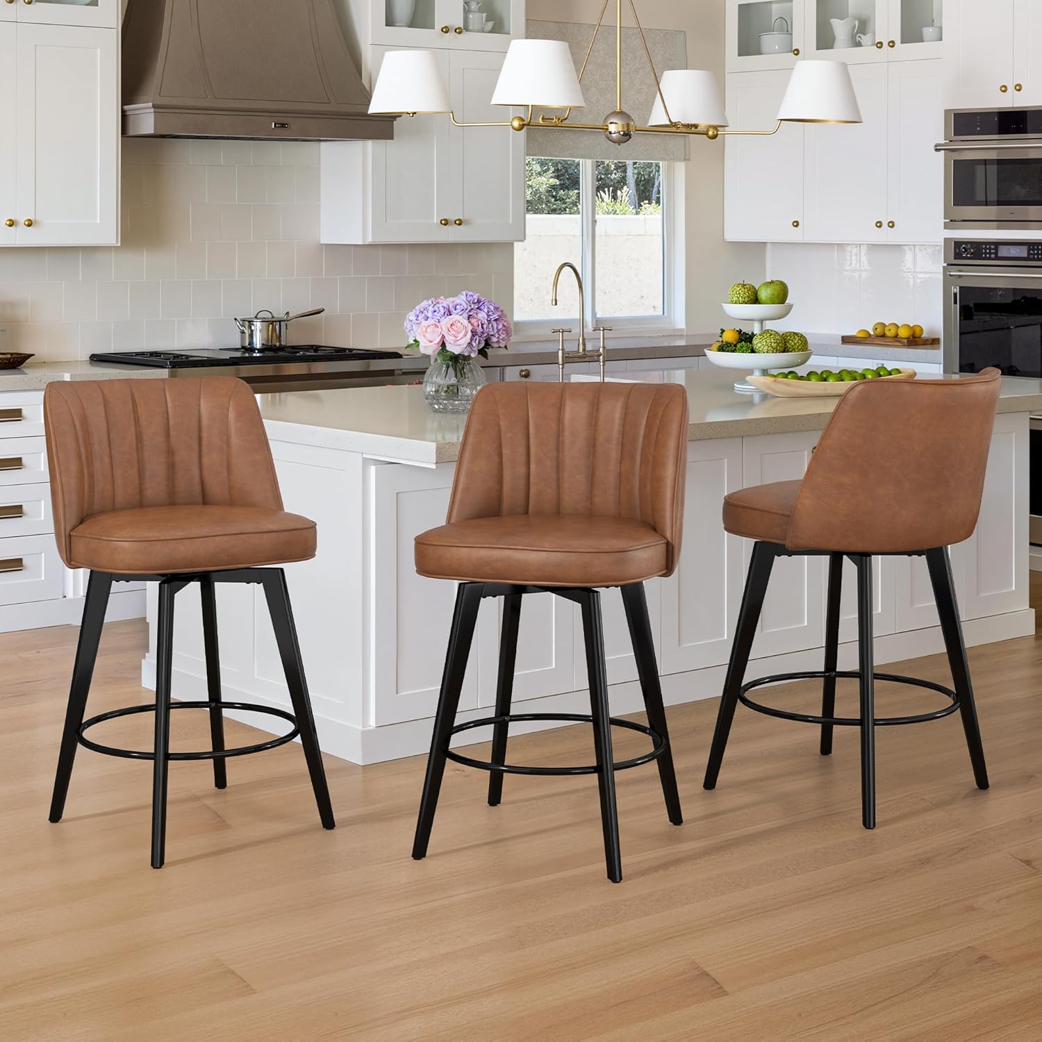 LUE BONA 360° Swivel Leather Bar Stools Set of 3, 26" Counter Height Barstools with Backs and Metal Legs, Modern Upholstered Bar Chairs for Kitchen Island, Brown