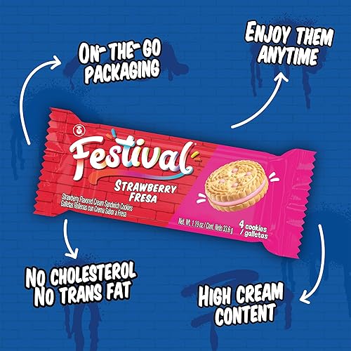 Miniatura 5 de FESTIVAL Galletas de fresa, galletas sándwich de fresa crema, tintes naturales y bajo en sodio, alto contenido de crema, 14.6 onzas (paquete de 3)