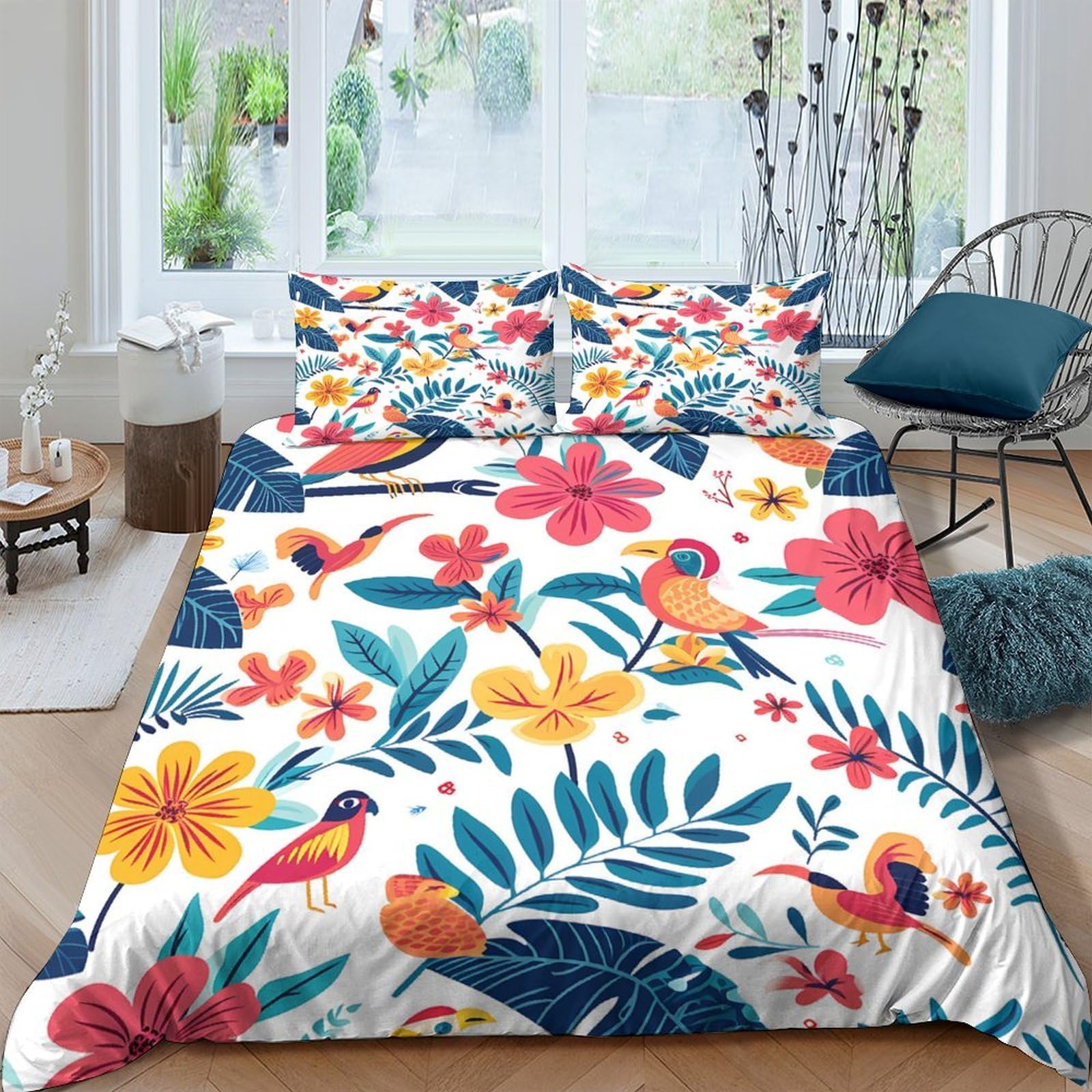 TUFRTGYHN 3D Printed Tropical Parrot Duvet Cover Microfiber Soft Breathable Floral Bedding Set with 2 Pillowcases for Bedroom Decor Single（135x200cm）