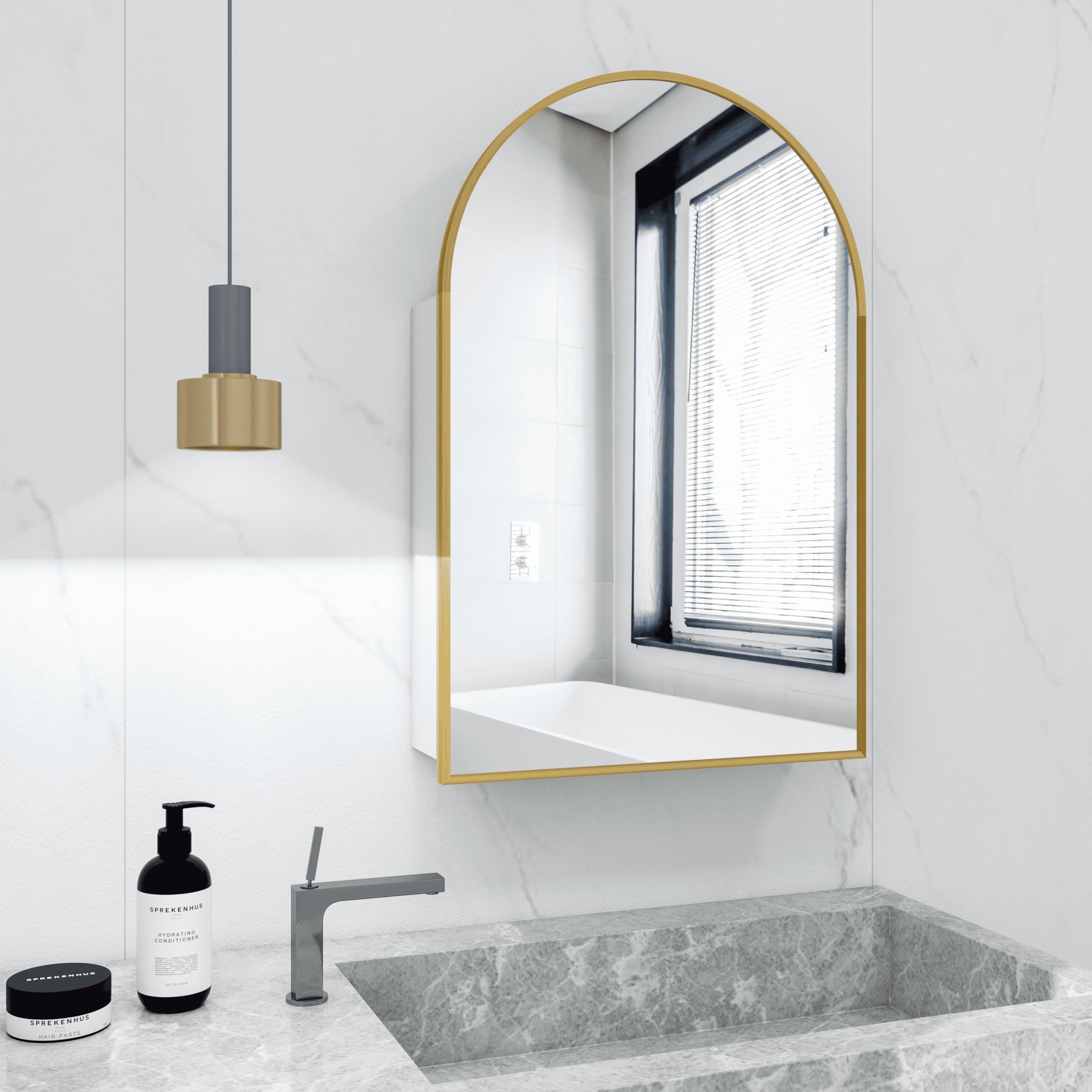 JOYCOPY Bathroom Medicine Cabinet with Mirror,20x30 Inch Gold Medicine Cabinet Mirror,Aluminum Alloy Metal Framed Arched Bathroom Cabinet,Single Door