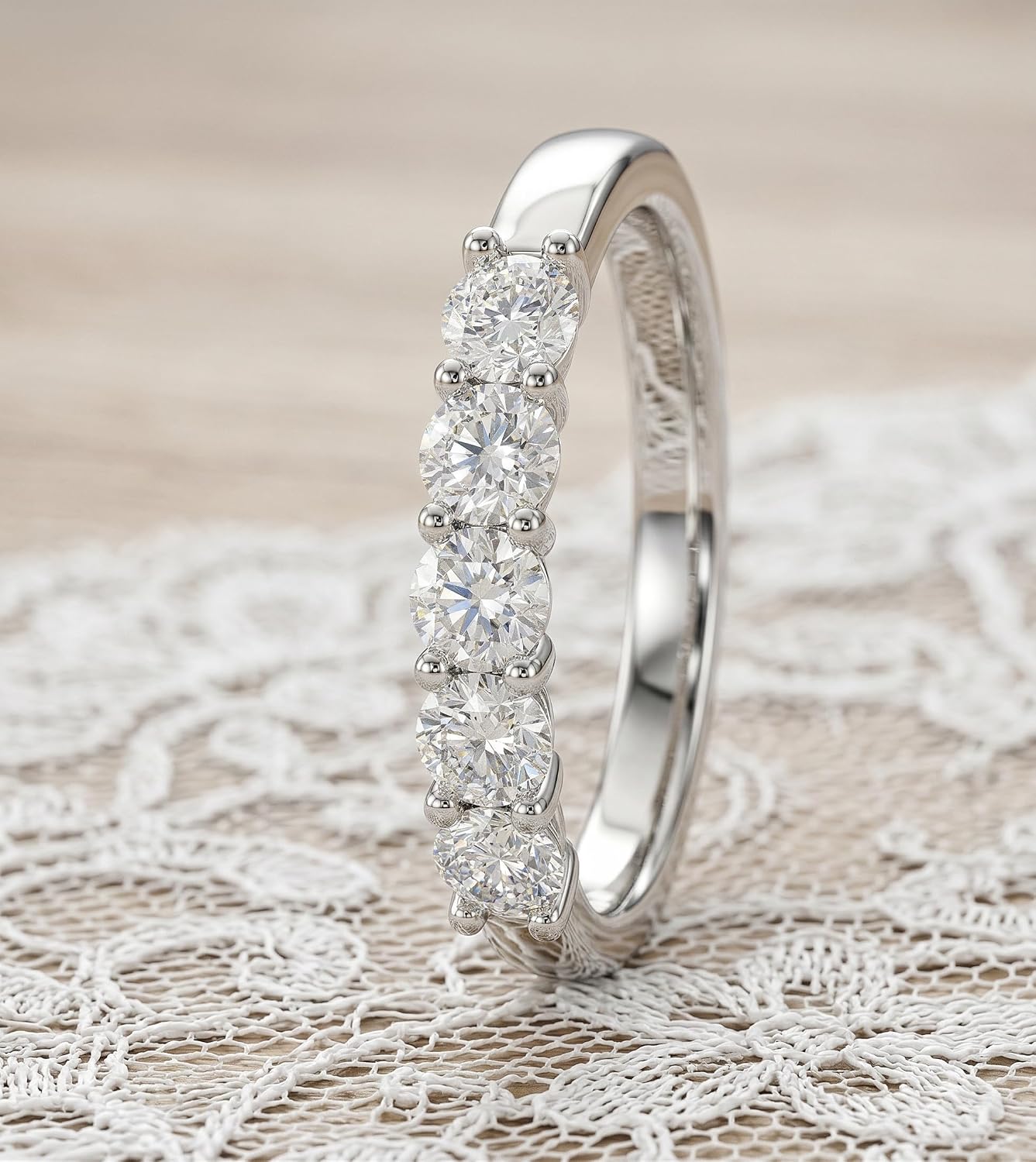 0.5 Carat Dainty Moissanite Anniversary Ring for Women, 5 Stone Half Eternity Band, Round Cut, 925 Sterling Silver, D Color VVS1, Stackable Wedding Promise Ring Jewelry Gift Whtie/Golden