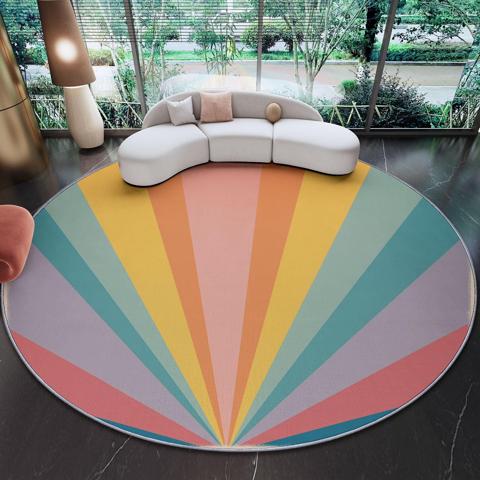 Lavabile In Lavatrice Vintage Sole Linee Tappeto Rotondo 120 cm Morbido E Confortevole Pelo Corto In Flanella Tappetino Antiscivolo Camera Da Letto Tappeto Da Pavimento Multicolore