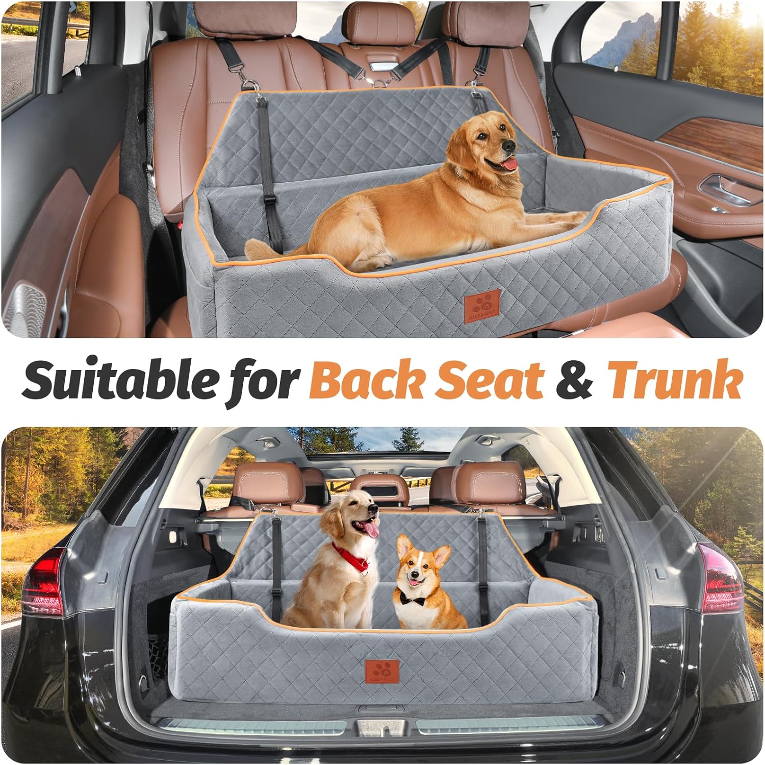 XIEAEOZEE Dog Car Bed for Large/Medium Dogs, Comfortable Pet Booster for Back Seat, Detachable & Washable Travel Seat with Thick Cushion (Gray)