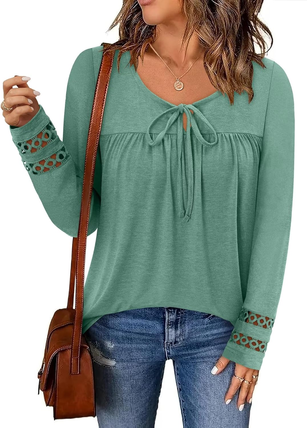 Magritta Womens Long Sleeve Tops 2025 Fall Keyhole-Tie Neck Pleated Tunic Blouses Dressy Casual Business Shirts - Image 4