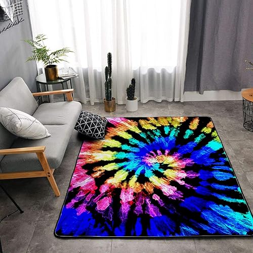 Miniatura 2 de Tapete de esponja lavable para niños y niñas, para dormitorio, sala de estar, bohemio, teñido anudado, diseño hippie arco iris, espiral,
