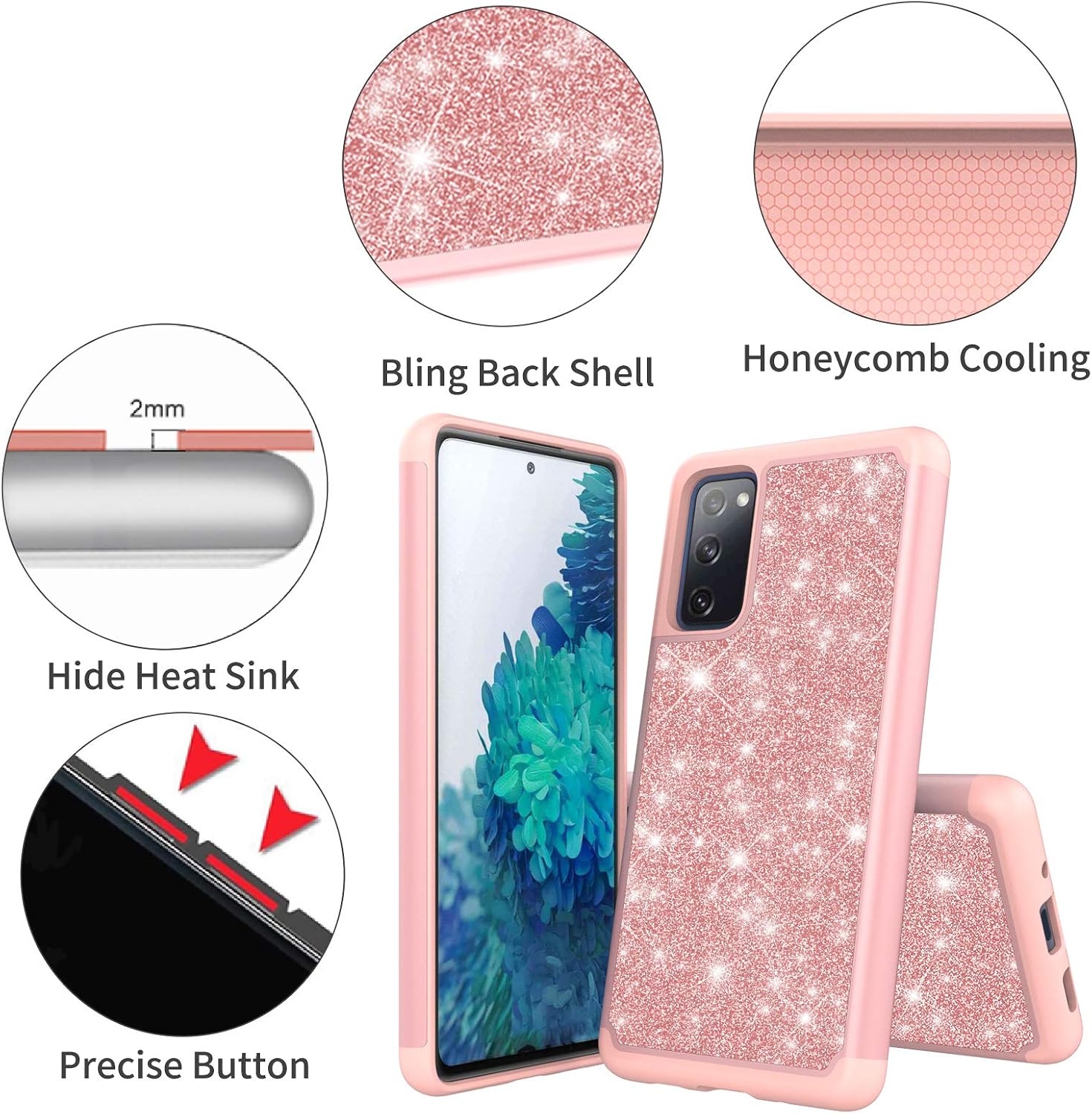 Jusy Shiny Case for Galaxy S20 FE 5G Case with Shiny Skin, Support Wireless Charging, Dual Layer Shockproof Protective Cover Compatible with Galaxy S20 FE 5G(Rose Gold)