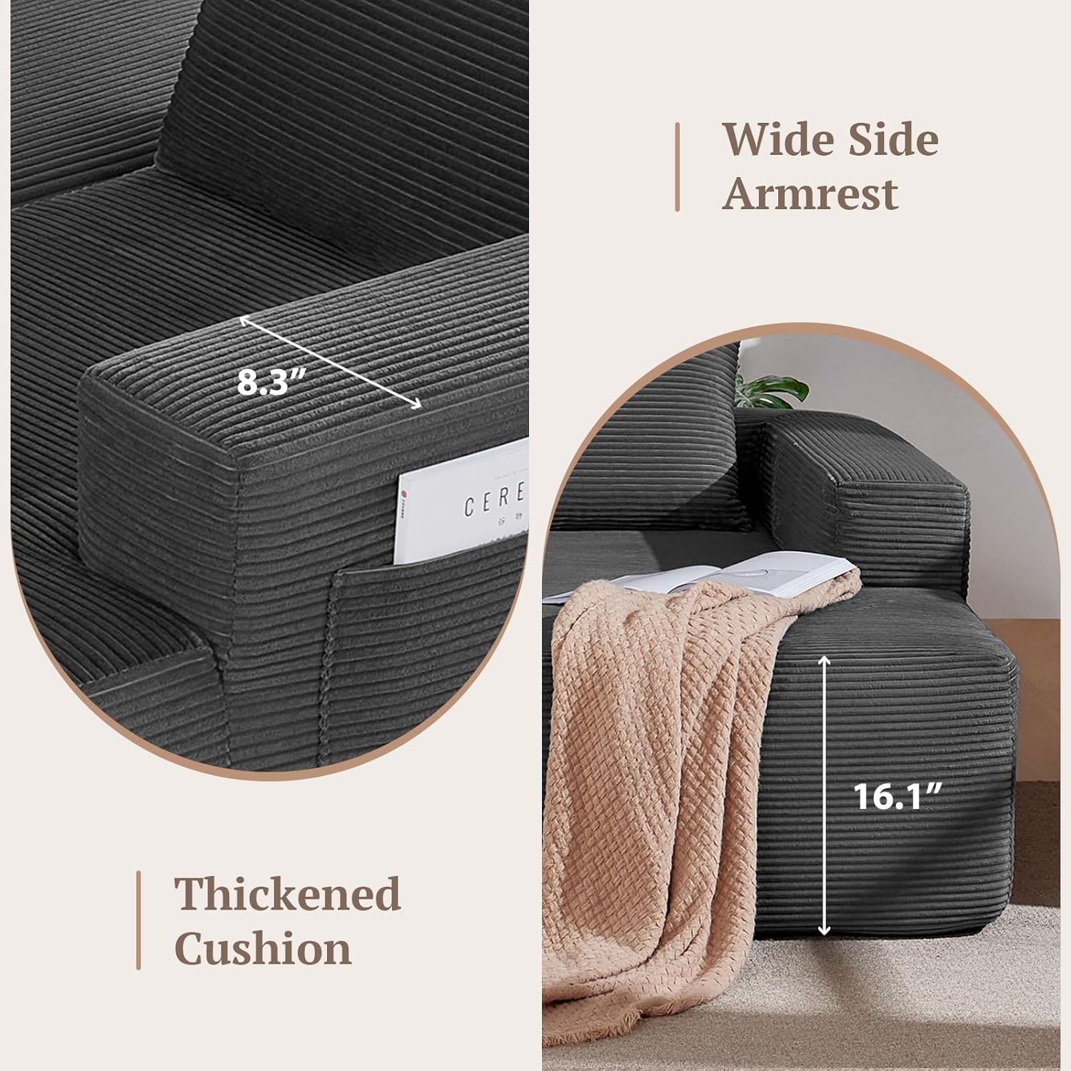 Yafylly 97inch Boneless L-Shaped Sectional Sofa with Throw Pillow & Side Pockets- No Assembly Compressed Modular Couch, Memory Foam, Deep Seat for Living Room, Bedroom, Apartment Grey Right