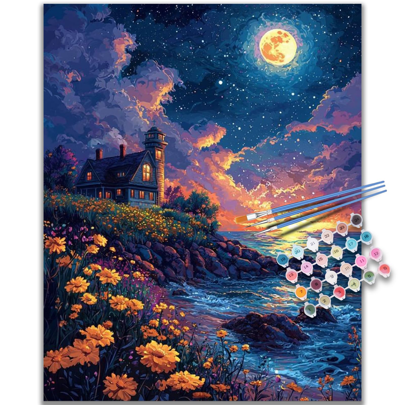 Kalonyth Op-Uk04 Starry Night Paint By Numbers For Adults, Fantasy Adult Paint By Numbers Canvas Kits, Frameless, Diy Acrylic Oil Painting For Stress Relief Home Wall Decor Gift 16X20 Inch