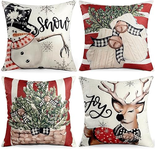 Juego de 4 fundas de almohada de Navidad de 18 x 18 pulgadas, guantes de reno de muñeco de nieve de Navidad, fundas de almohada decorativas para
