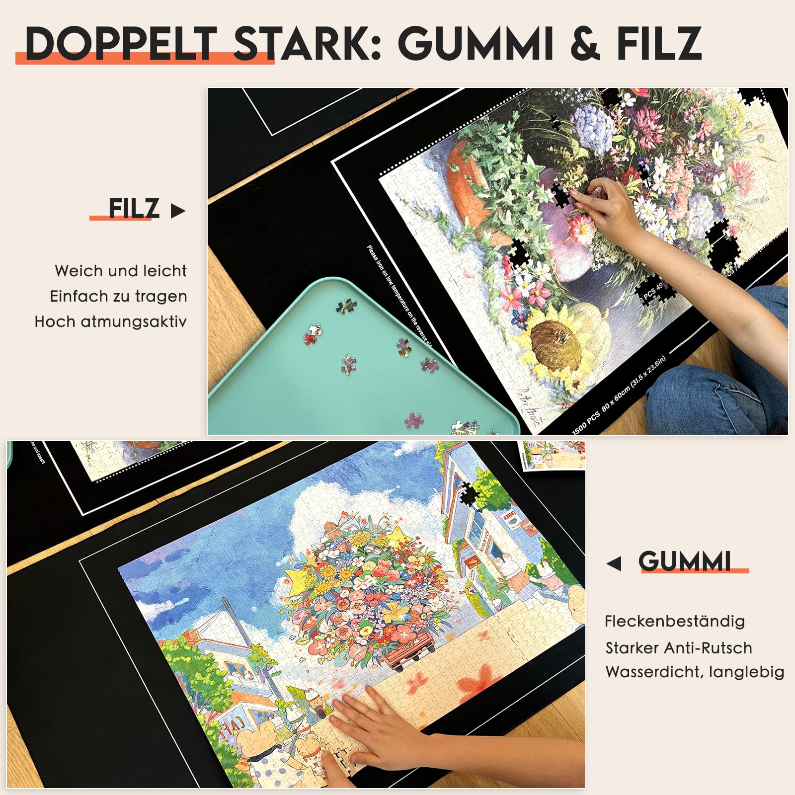 Nariolar Maty puzzle, zestaw 2 mat z gumy i filcu, na 500/1000/1500 elementów, praktyczne akcesoria do przechowywania i transportu puzzli