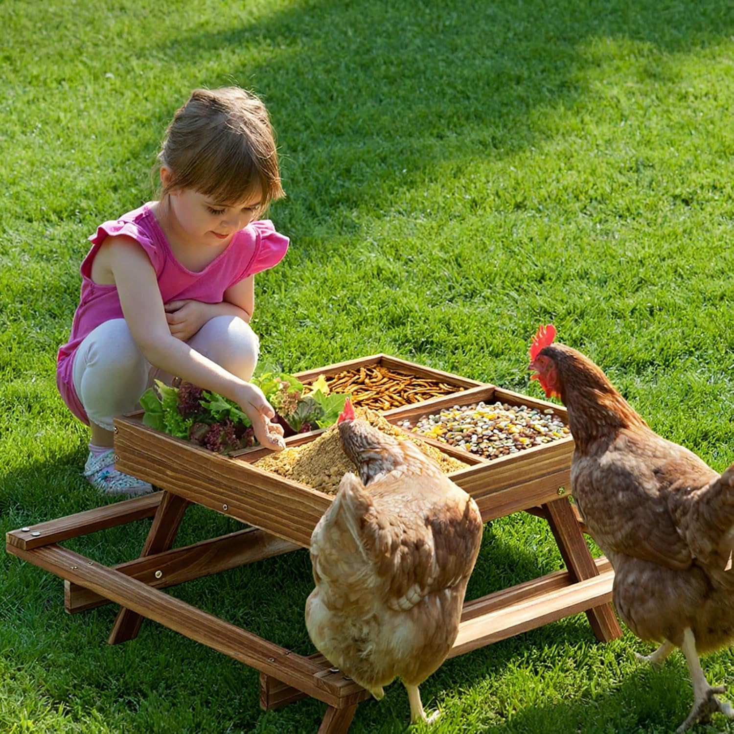 Geelin Chicken Feeder No Waste 22.8 x 22.8 x 10 Inches Chicken Picnic Table Kit with 4 Chick Carbonized Solid Wood Feeder 4 Stool Handmade DIY for Chick Coop Mesh Bottom Food Fresh Dry Easy Clean Fill