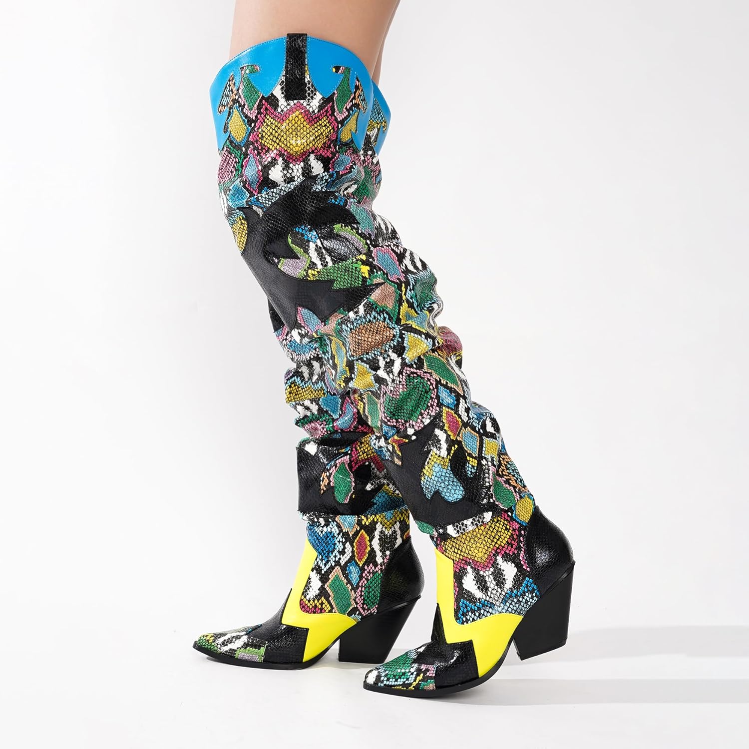 Cape Robbin Women's Thigh High Cowboy Boots with Chunky Heel - Faux Snakeskin Western Booties | Slip Resistant Block Heels for Fall Winter (Hilda) - Image 3