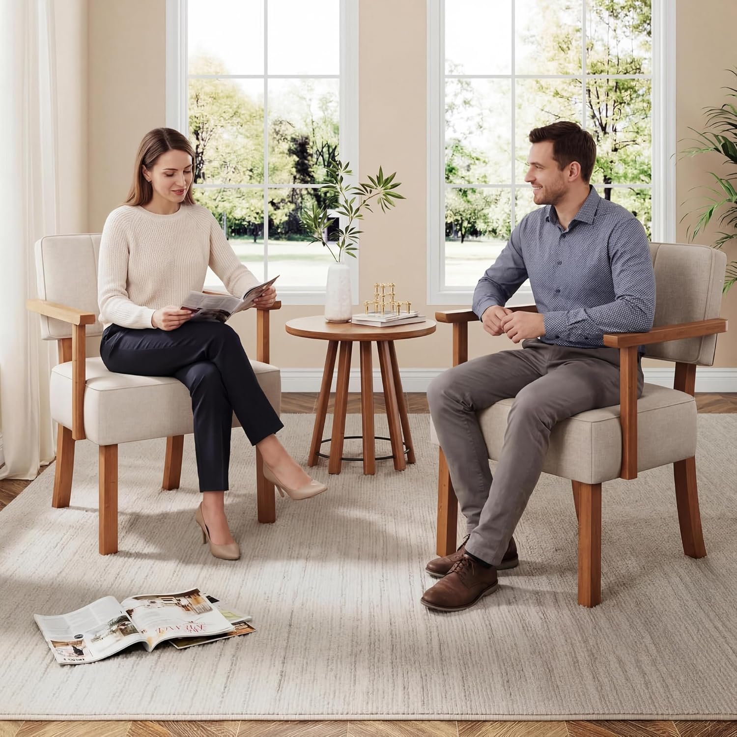 Garvee Mid-Century Accent Chair with Wood Frame. Linen Fabric Upholstered Lounge Armchair with Classic Vertical Stripe. Reading Leisure Chair for Living Room, Bedroom, Balcony, Beige