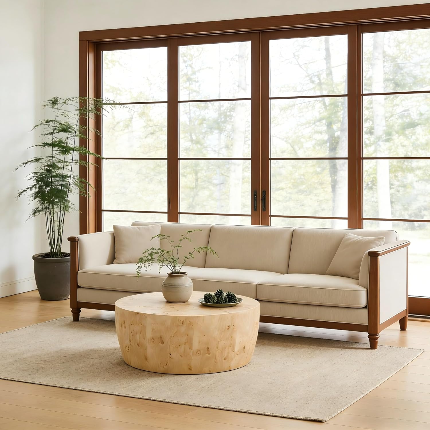 Drum Coffee Table, Modern Industrial Wooden 34.65" Round Coffee Table, Natural Wood Circle Center Table Cocktail Tea Accent Table for Living Room Apartment No Assemble, Natural