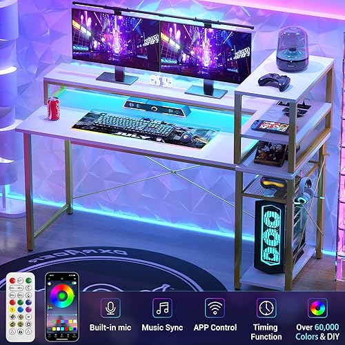 Miniatura 5 de iSunirm Escritorio para juegos de 47 pulgadas con almacenamiento, escritorio de computadora con luces LED, escritorio de oficina en casa con