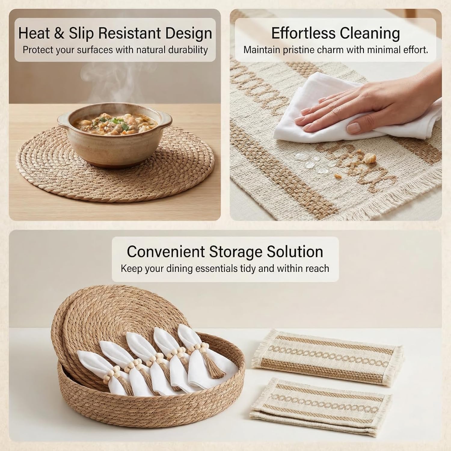 Handmade Boho Placemats Set of 6, Round Woven Placemats - Macrame Style Bicolor Stitching Long Table Runner - Farmhouse Rustic Natural Burlap & Cotton Place Mats for Kitchen Dining Table