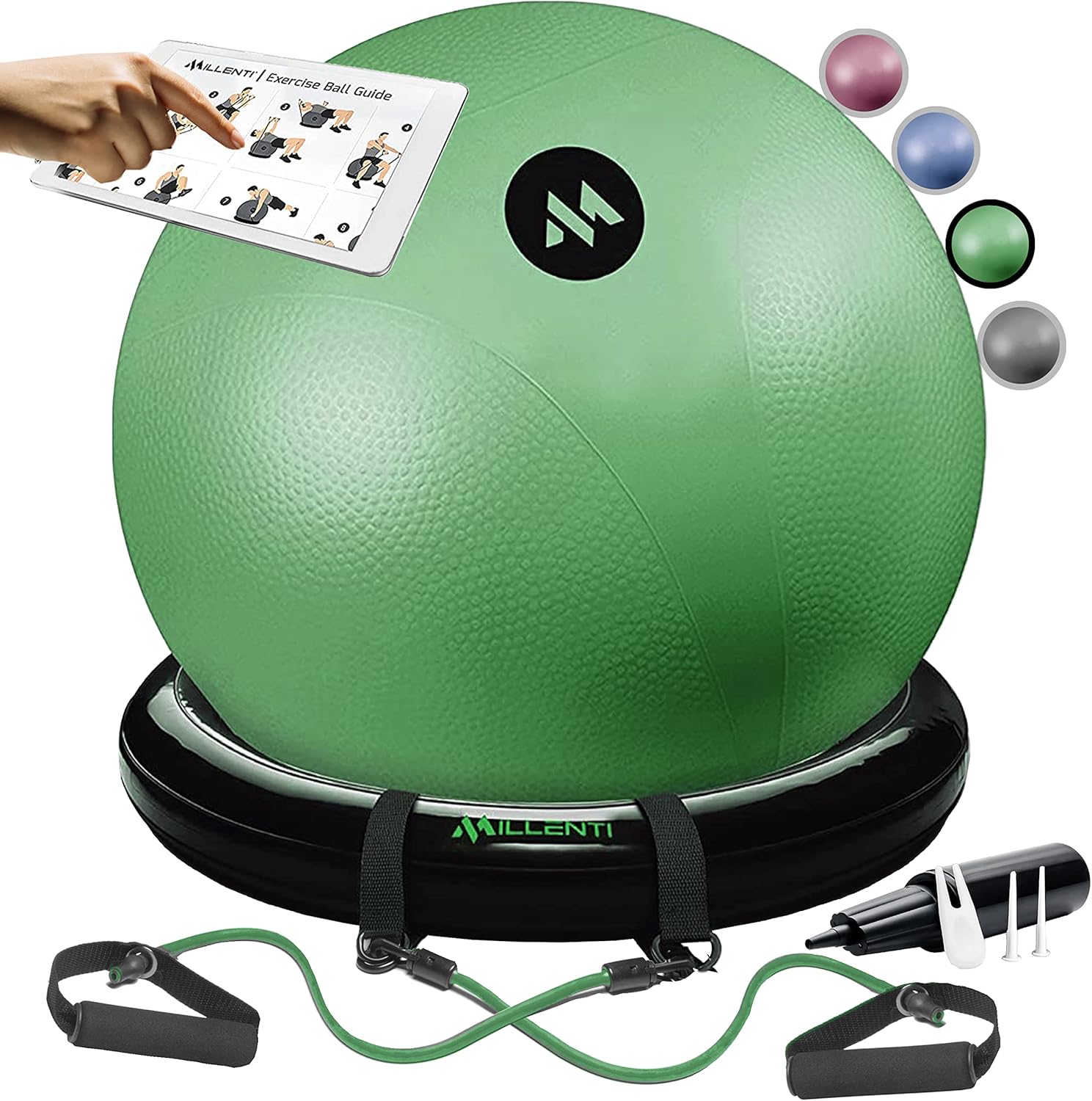 Millenti Exercise Ball Chair 65cm - Yoga Ball Chair Stability Base Ring Kit & Fitness Resistance Bands For Home, Gym Bundle, Pilates Ball, Office Chair, Birthing Ball For Pregnancy - With Workout Chart
