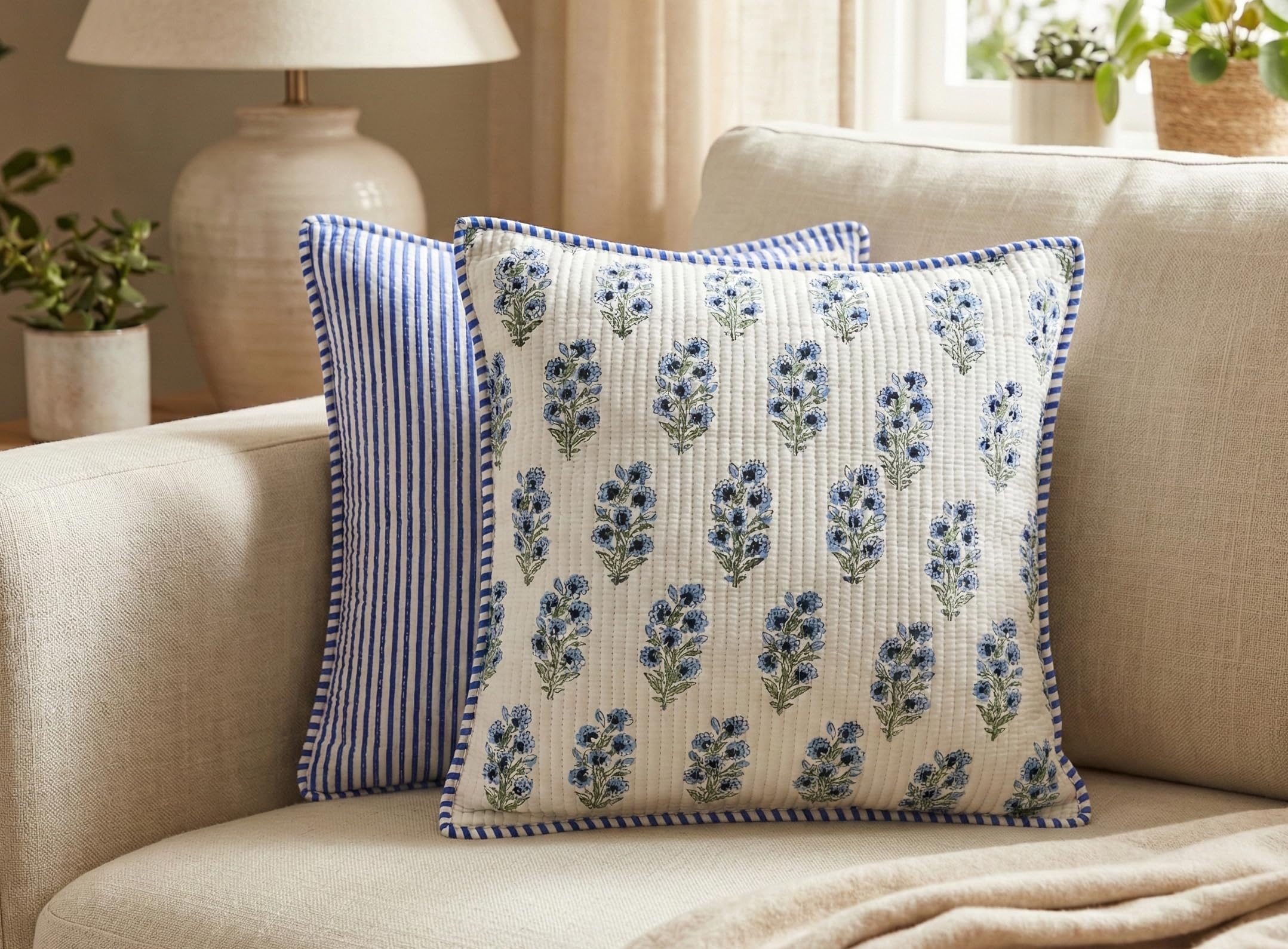 Indigo Duo Cushion Cover| 16"x16"| Quilted Cushion Cover| Block Printed| Reversible Design (Pack of 1)-picture-31