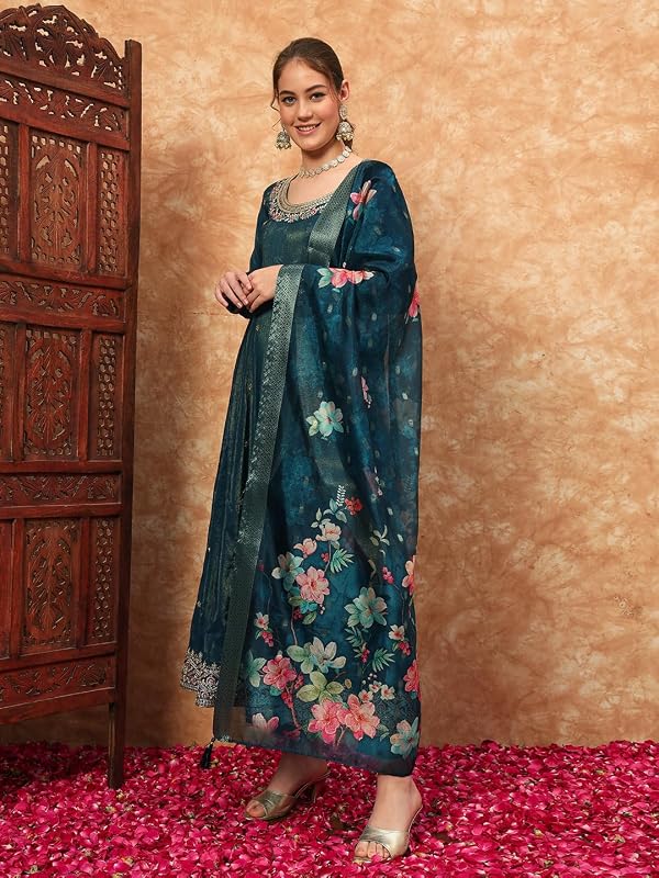 Shopping Queen Women's Silk Embroidered Kurta set with Dupatta (A602_Prussian Blue_3XL) by Shopping Queen - Used condition - Image 3