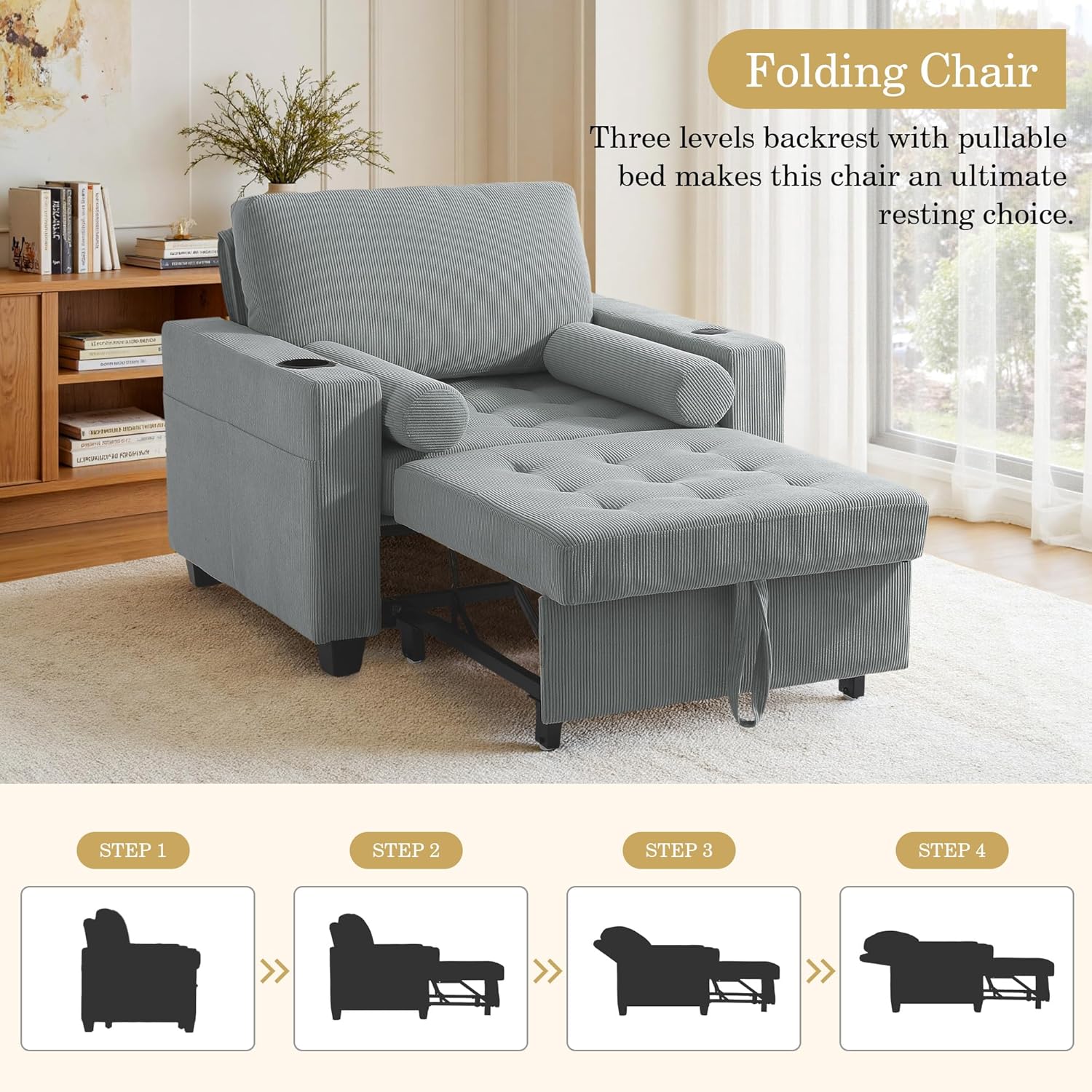 UIXE 3-in-1 Sleeper Chair Pull Out Sofa Bed, Convertible Reclining Seat Upholstered Armchair, Adjustable Backrest Recliner Chair with Side Pockets, Cup Holder & USB Ports - Gray